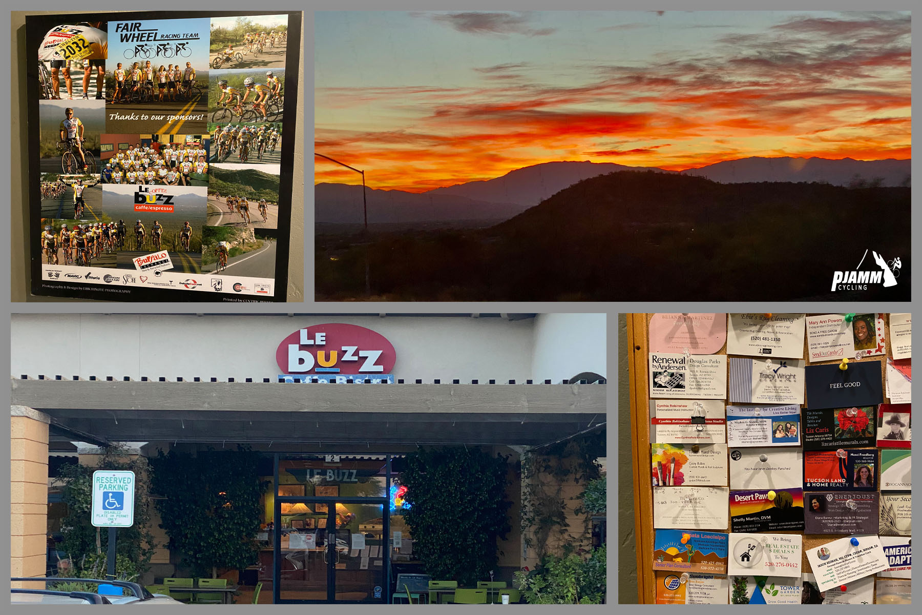 Cycling Mt. Lemmon, Arizona - views inside and outside of Le Buzz Cafe, sunset at Mt. Lemmon
