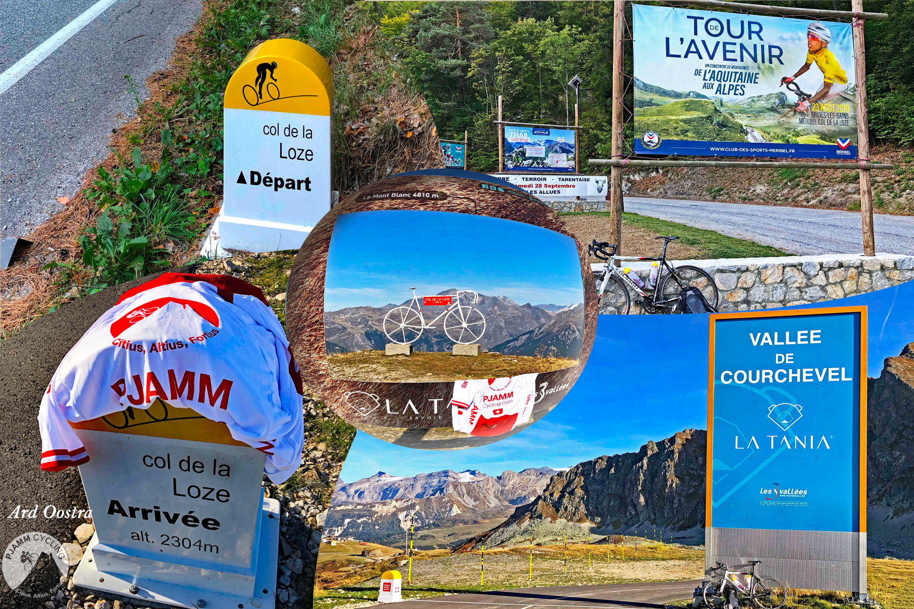 Cycling Col de la Loze, Tour de France 2023: Photo collage shows Tour de France KM markers and other signs along route, including La Tania