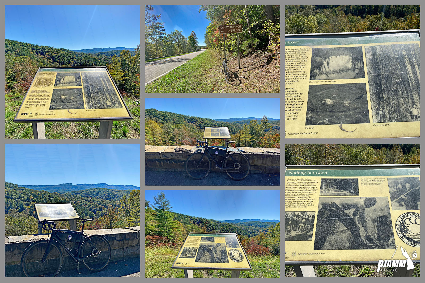 Cycling Cherohala Skyway, Tennessee - bike parked next to informational signs at overlook