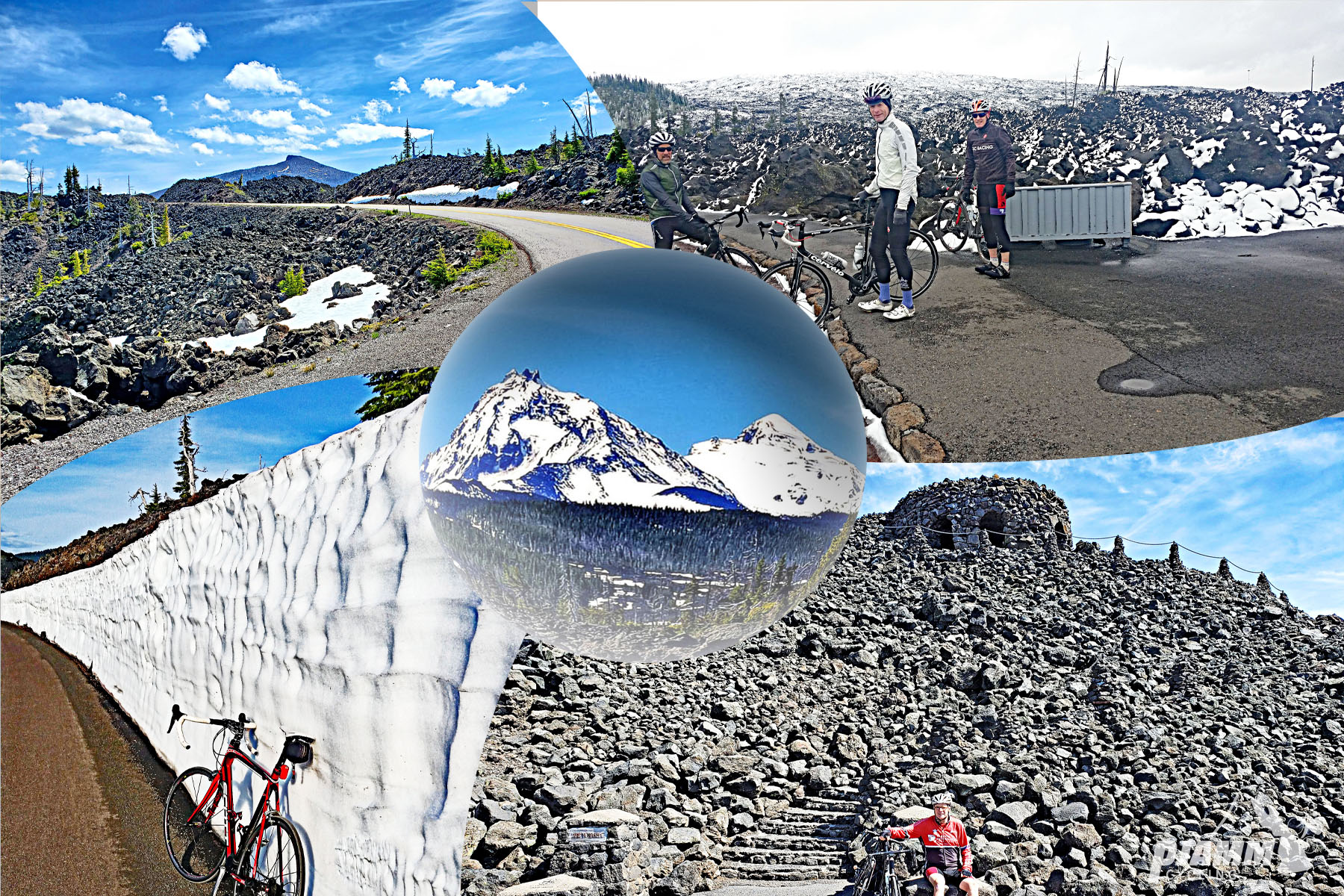 Climbing Mckenzie Pass East by bike - photo collage, lava fields, ponderosa pine trees,Cascade mountains, snow-lined roads, road bike, Dee Wright Observatory