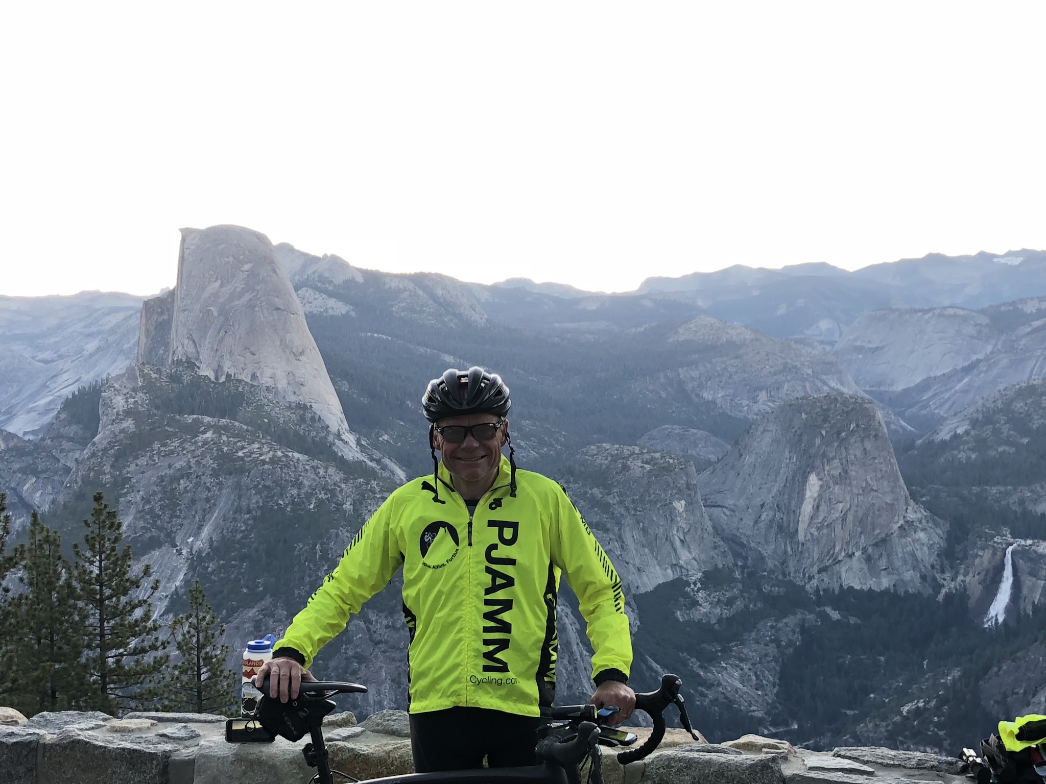 Bicycle and Hike - Yosemite Valley to Glacier Point to Half Dome - John Johnson PJAMM at Glacier Point with bike - Half Dome, Vernal Falls, Nevada Falls