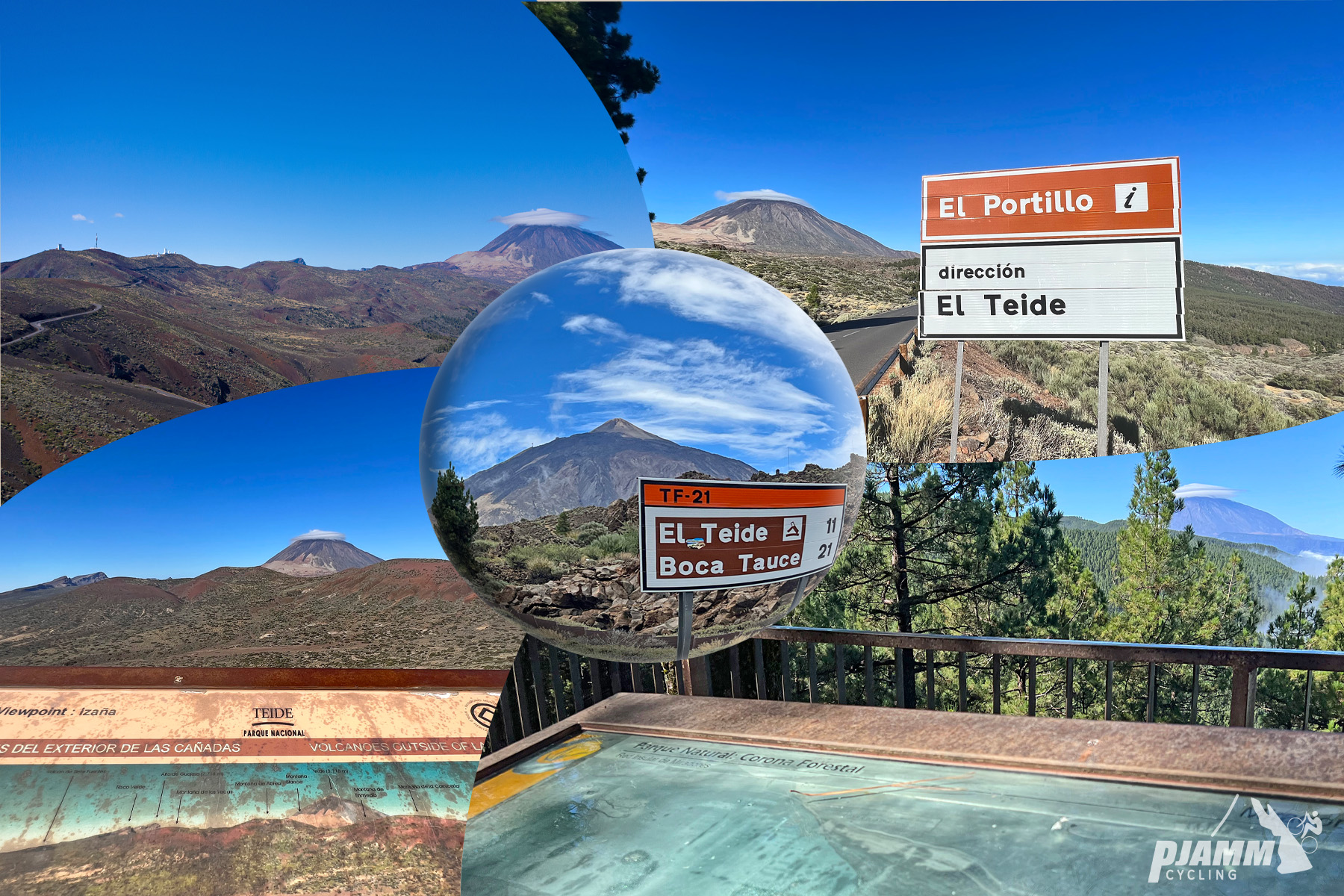 photo collage shows views of Mt. Teide, signs for El Portillo and El Teide