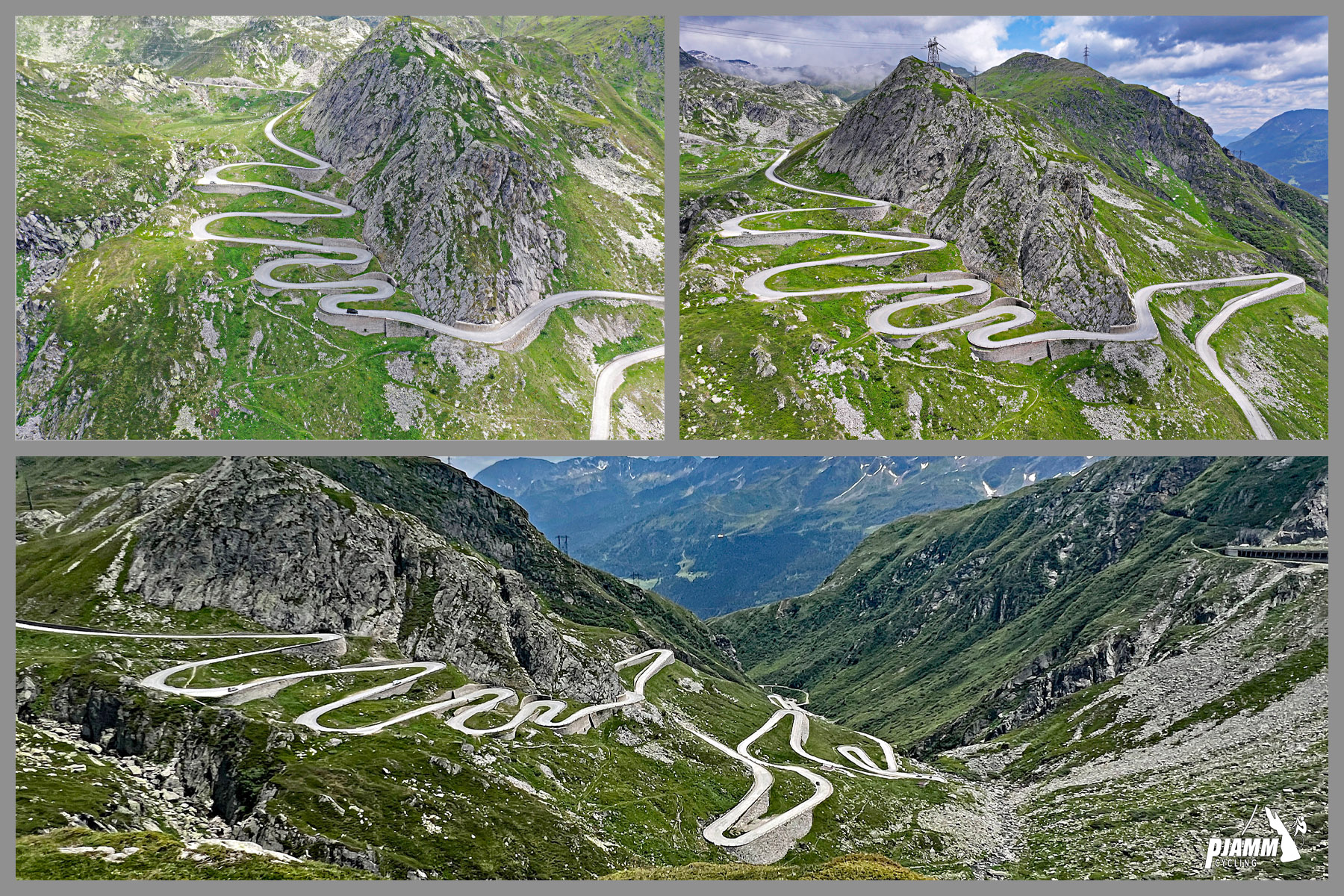 Cycling St. Gotthard Pass, Switzerland - photo collage showcases panoramic and aerial drone views of Gotthard Pass' famous hairpin turns