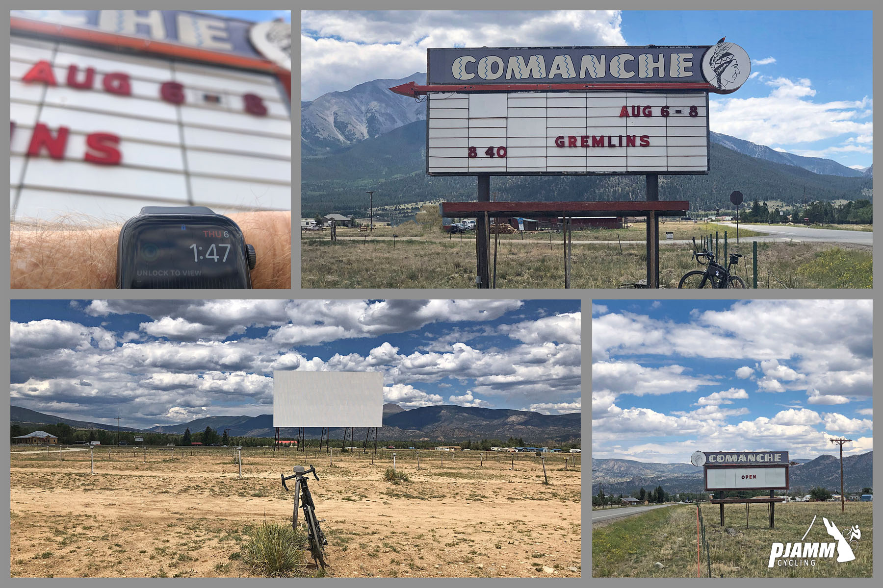 Cycling Cottonwood Pass, Colorado - photo collage, PJAMM Cycling logo in corner, bike parked at Comanche Drive-in movie theatre, sign showing theatre is playing Gremlins August 6-8