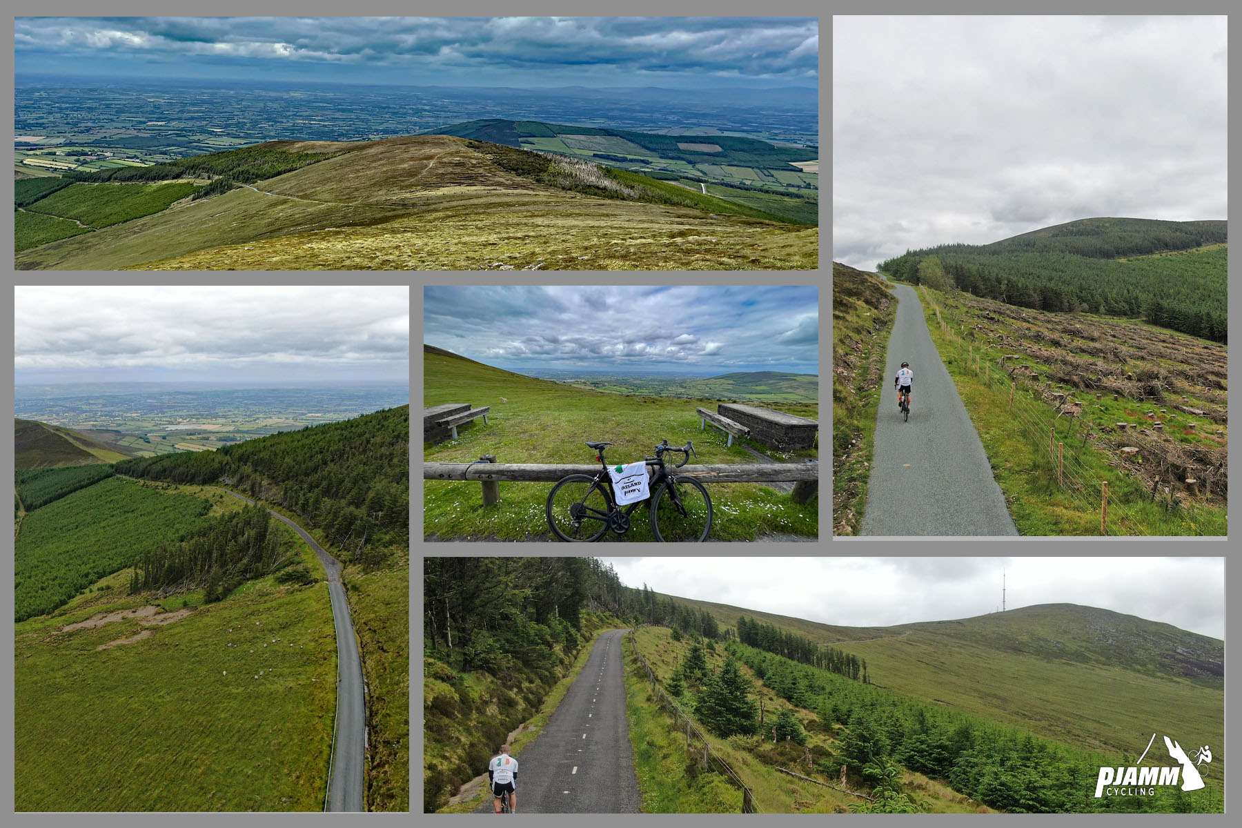 photo collage shows aerial drone view of end portion of climb; PJAMM Cyclist rides on long stretches of two-lane roadway; green hillsides surround