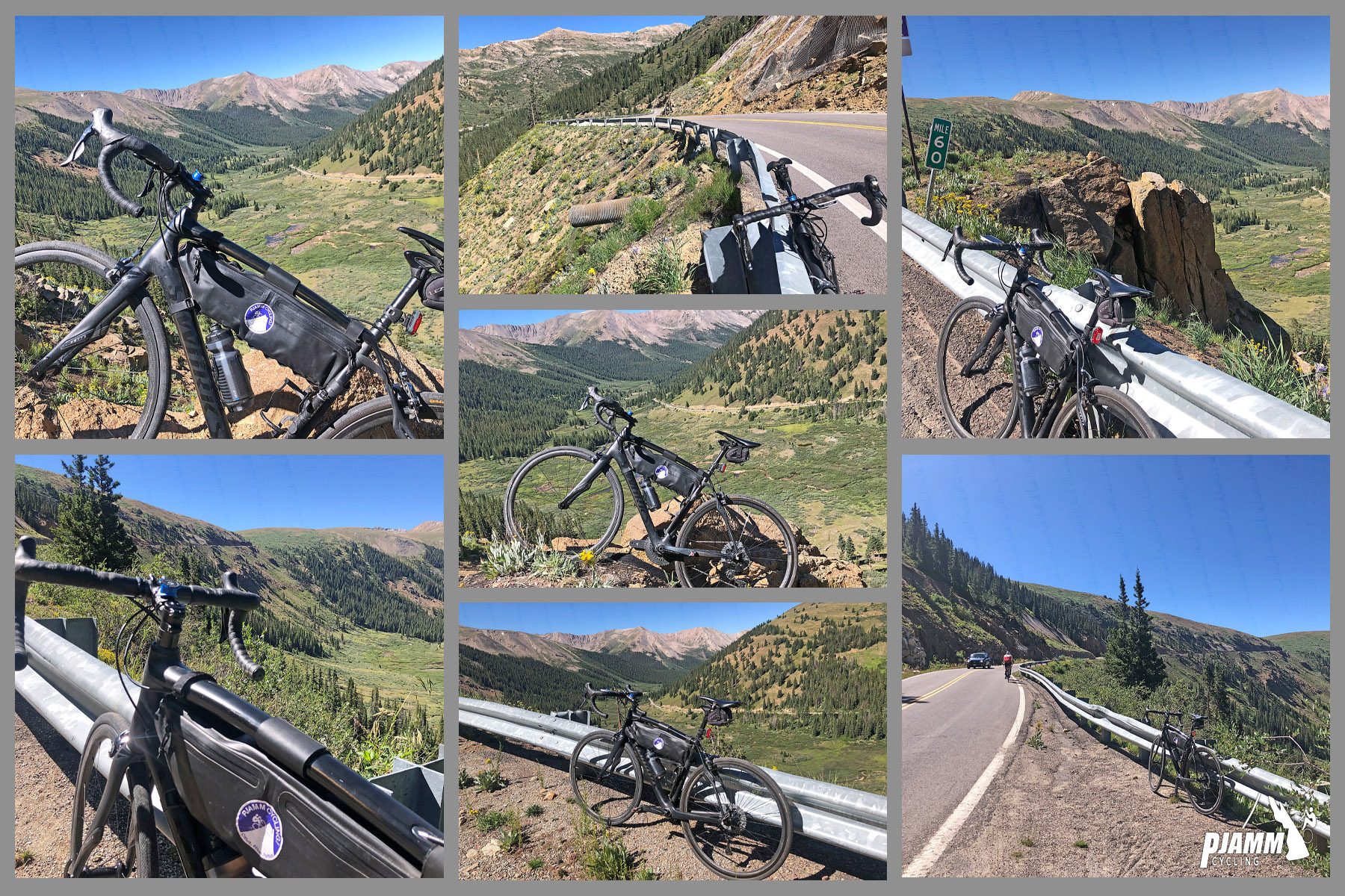 Cycling Independence Pass from Aspen, Colorado Cycling Independence Pass from Aspen, Colorado - photo collage, PJAMM Cycling logo in corner, views of road bike parked along different points along side of roadway guardrail along sheer cliff down the mountainside
