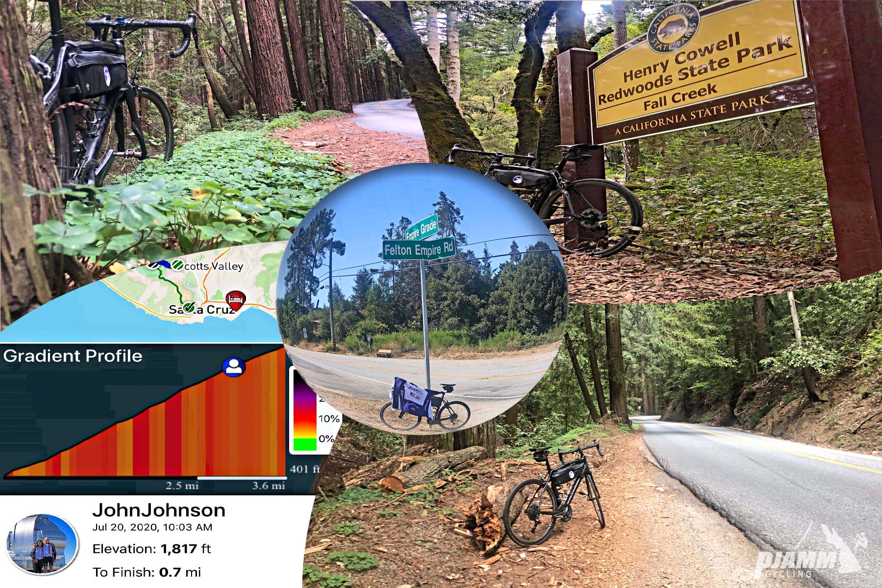 Cycling Felton Empire Road, Santa Cruz County Cycling Felton Empire Road, Santa Cruz County - photo collage, PJAMM Cycling logo in corner, bike parked in clovers at base of redwood trees along roadside, bike parked next to sign for Henry Cowell Redwoods State Park, bike parked in barky area along roadside next to redwood trees, climb gradient profile, bike parked at road sign for Felton Empire Road, PJAMM Cycling jersey draped over bike seat