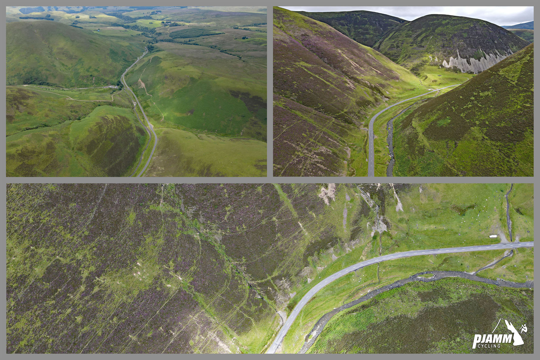 Cycling Mennock Pass, Scotland aerial drone views of green hillsides shrouded in purple heather
