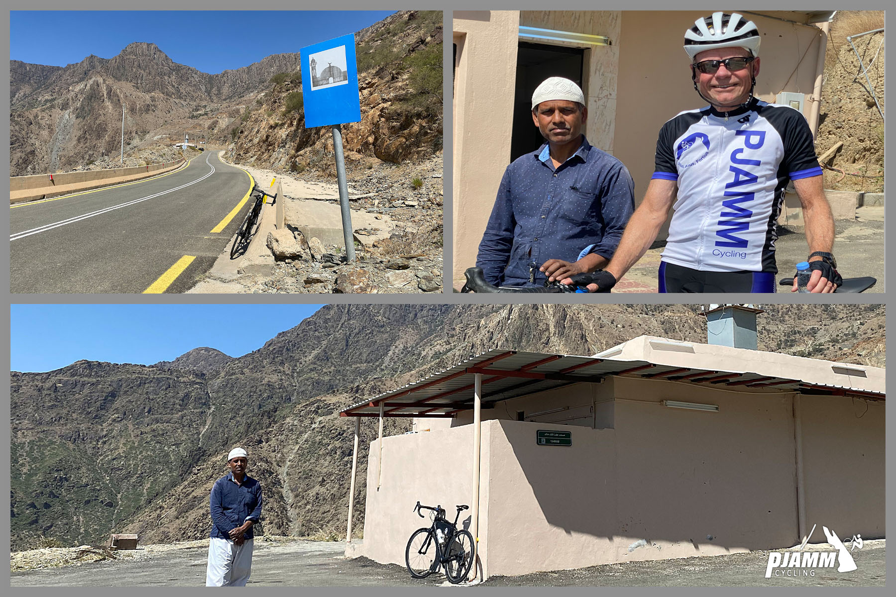Cycling Bani Horairah - PJAMM Cyclist John Johnson stands with a Saudi Arabian man in front of a small mosque on the side of the road at mile 8 of climb