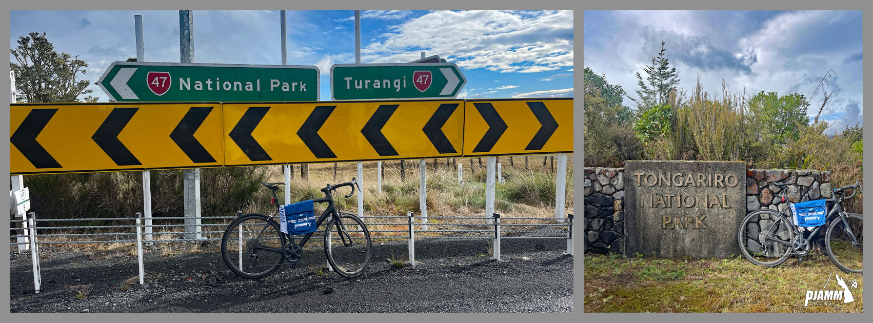 Climbing Ruapehu Ski Area, New Zealand bike parked at signs at the entrance of Tongariro National Park, climb start