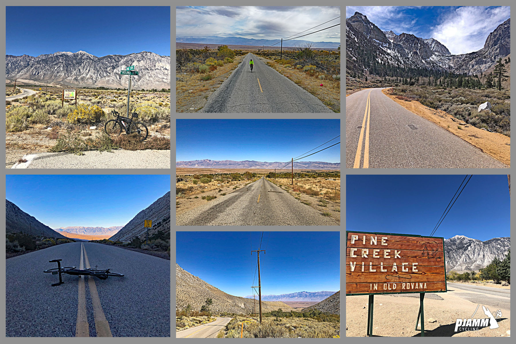 Cycling Pine Creek Road, California - views on the first few miles of the climb, sign for Pine Creek Village, bike laying on center divider of two-lane roadway, bike parked in front of street sign with mountains beyond