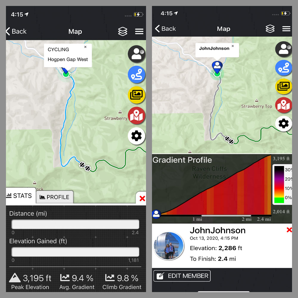 Cycling Hogpen West, Georgia - PJAMM Adventure App shows climb grade and profile