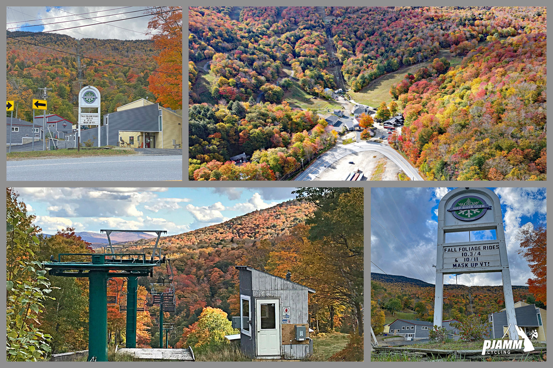 Cycling Appalachian Gap East, Vermont - photo collage,  aerial view of town surrounded in fall foliage, ski resort signs advertising fall foliage tours, PJAMM Cycling logo in corner