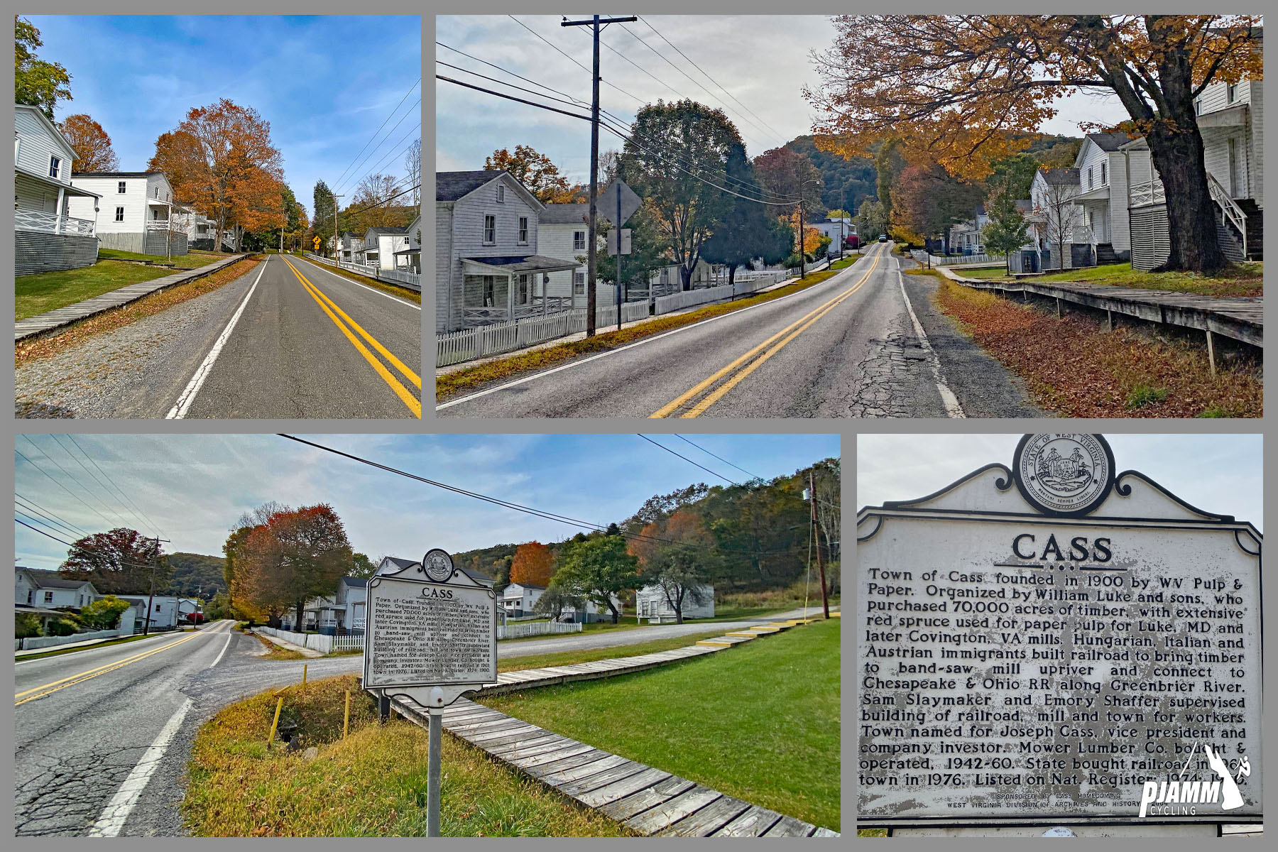 Cycling Snow Shoe Drive East, West Virginia - town of Cass, historic informational signs with town history, wooden sidewalks, PJAMM Cycling logo in corner