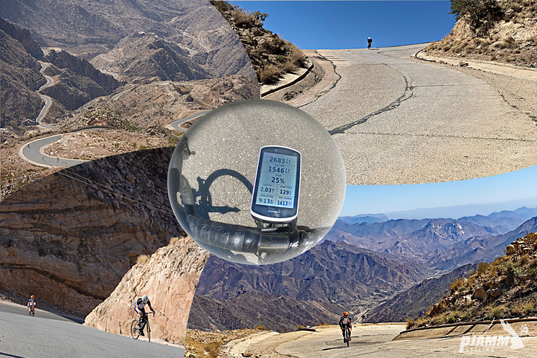 Cycling Rdom Pass, Asir Mountains - photo collage, Garmin device reads 25% grade, PJAMM cyclist climbs along extremely steep portions of roadway in the Asir Mountains