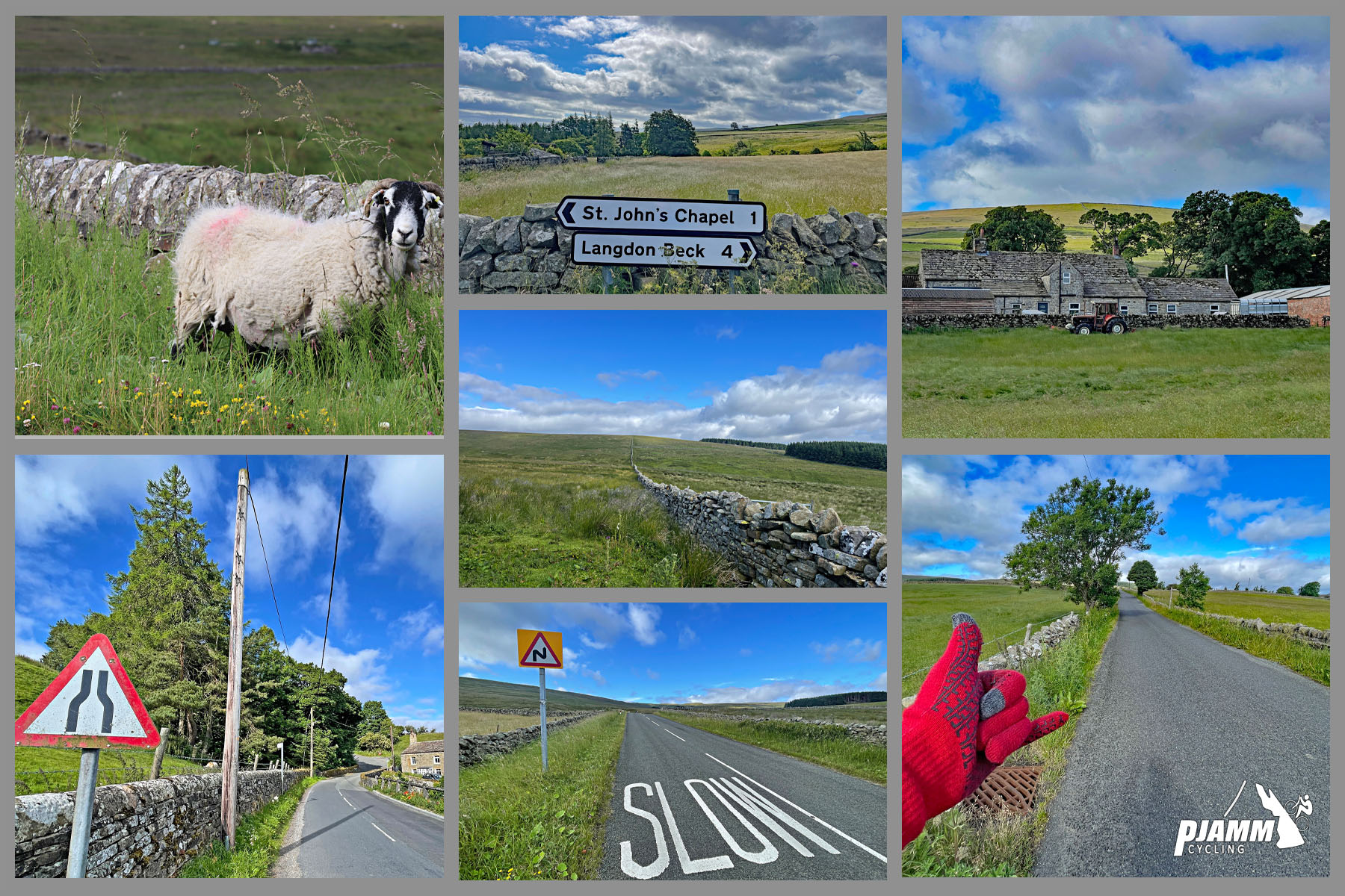 photo collage shows sheep grazing in pasture, signs for St. John's Chapel and Langdon Rock, old farm buildings