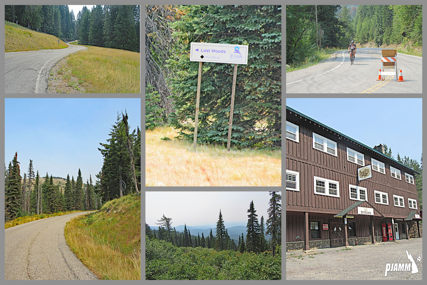Cycling Mt. Spokane, Washington - photo collage, PJAMM Cycling logo in corner, sign for Lost Woods, one-lane roadway winding up roadside with green grasses and evergreen trees along either side, cyclist climbing along roadside