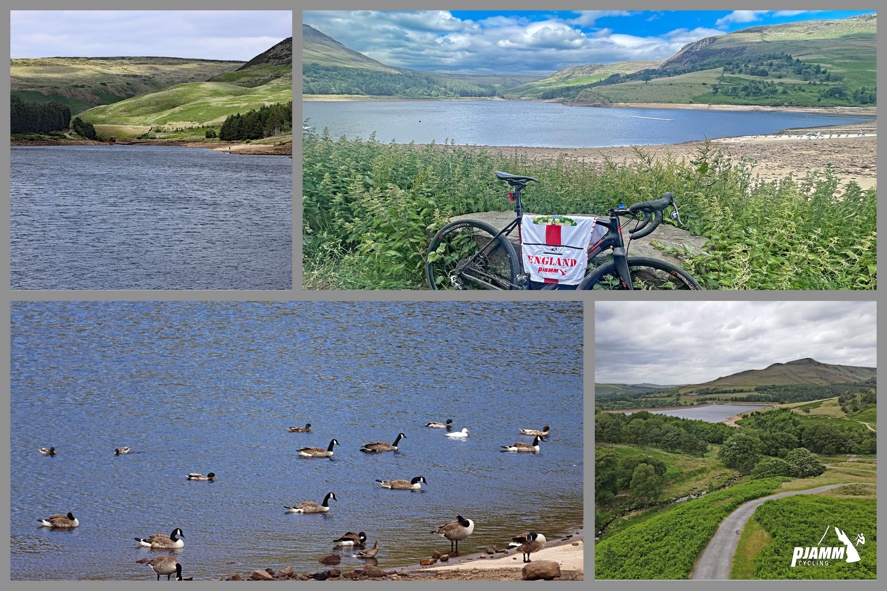 photo collage, Dovestone Reservoir; geese in lake, green hills, gravel road