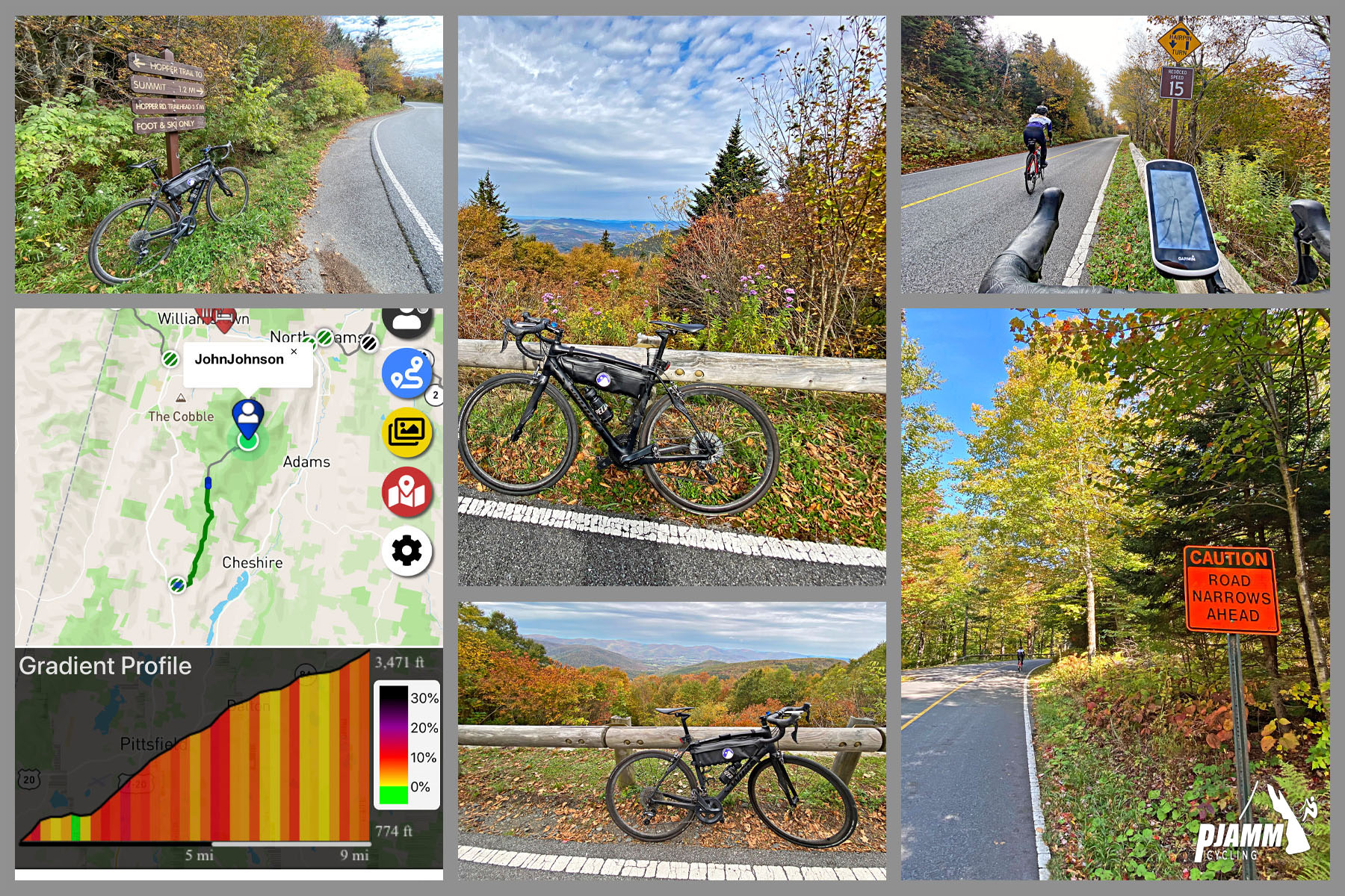 Cycling Mt. Greylock South, Massachusetts - photo collage, pike parked at various locations on the final third of the climb, higher elevation overlooking fall foliage from above, PJAMM Adventure app, PJAMM Cycling logo in corner
