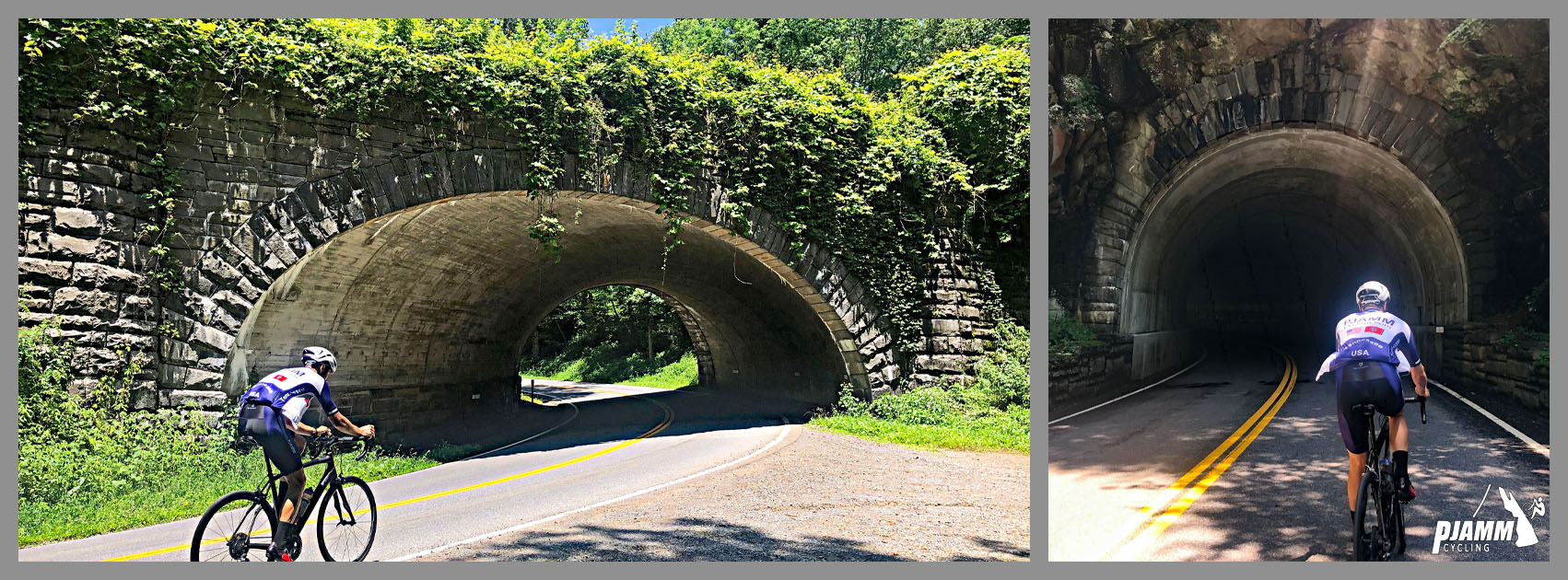Cycling Clingmans Dome, Tennessee - cyclist riding into two tunnels along climb, PJAMM Cycling logo in corner