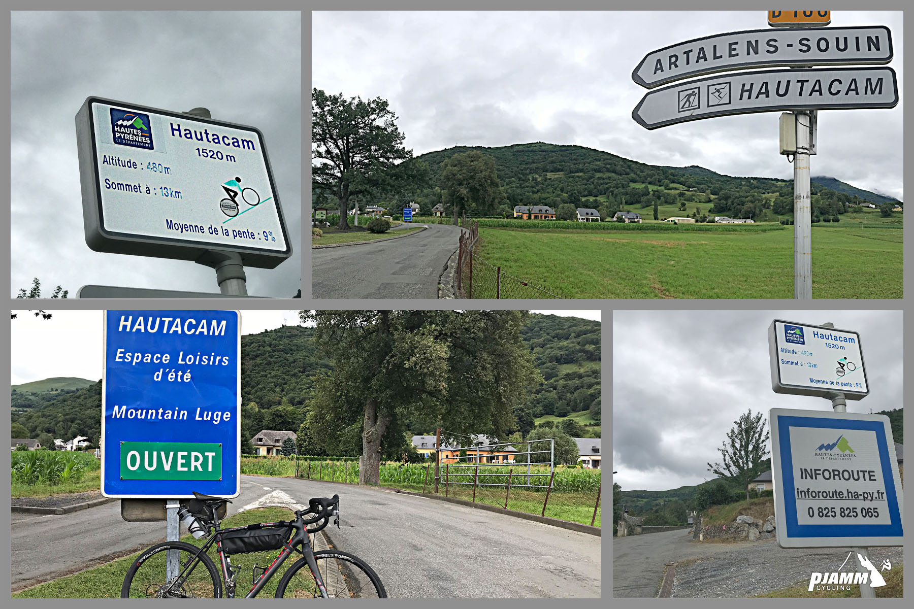 Cycling Hautacam photo collage - bike parked against roadsign for Hautacam; start of climb
