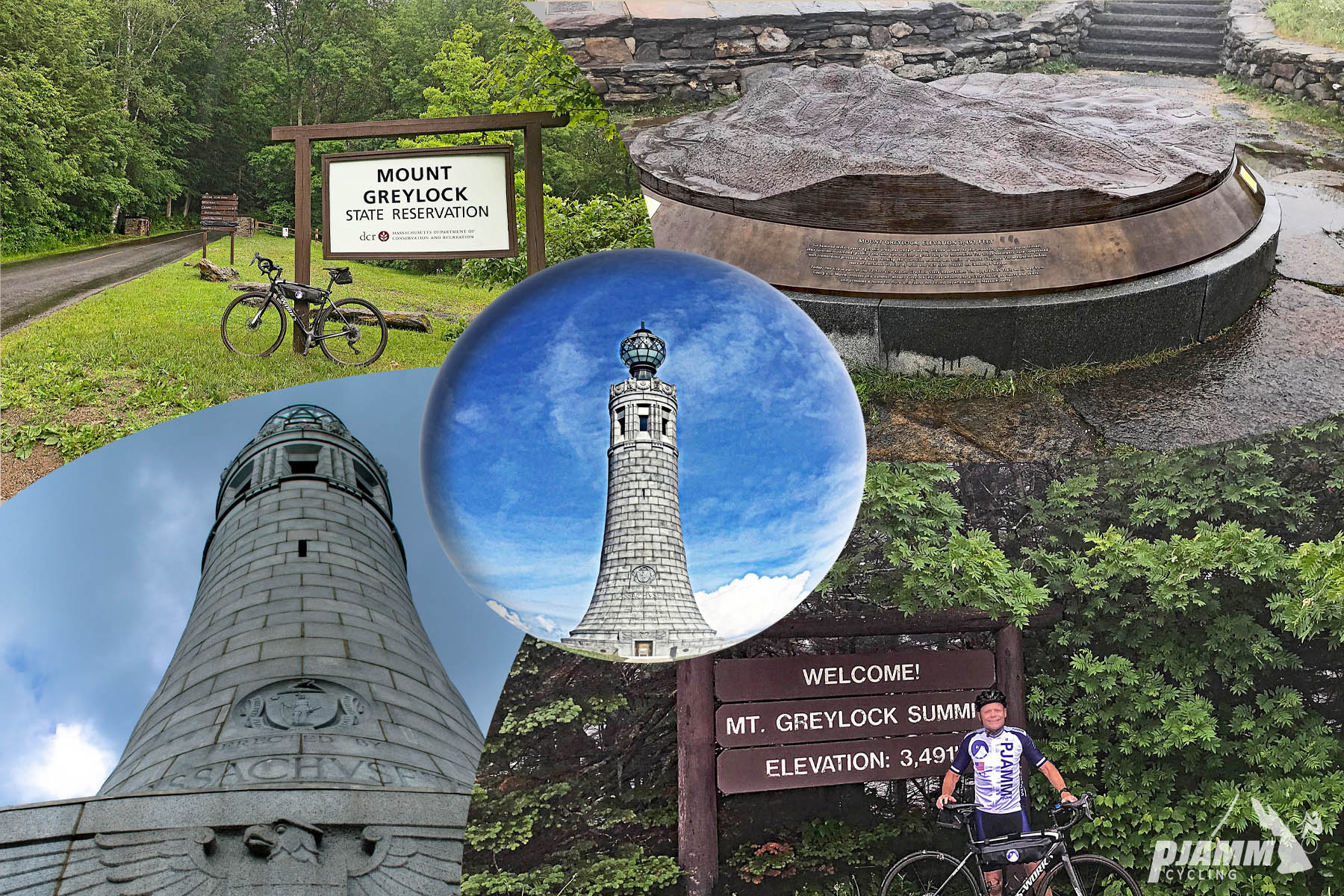 Cycling Mt. Greylock, Massachusetts  - photo collage, PJAMM Cycling logo in corner, signs for Mount Greylock, Mt. Greylock Veterans War Memorial Tower