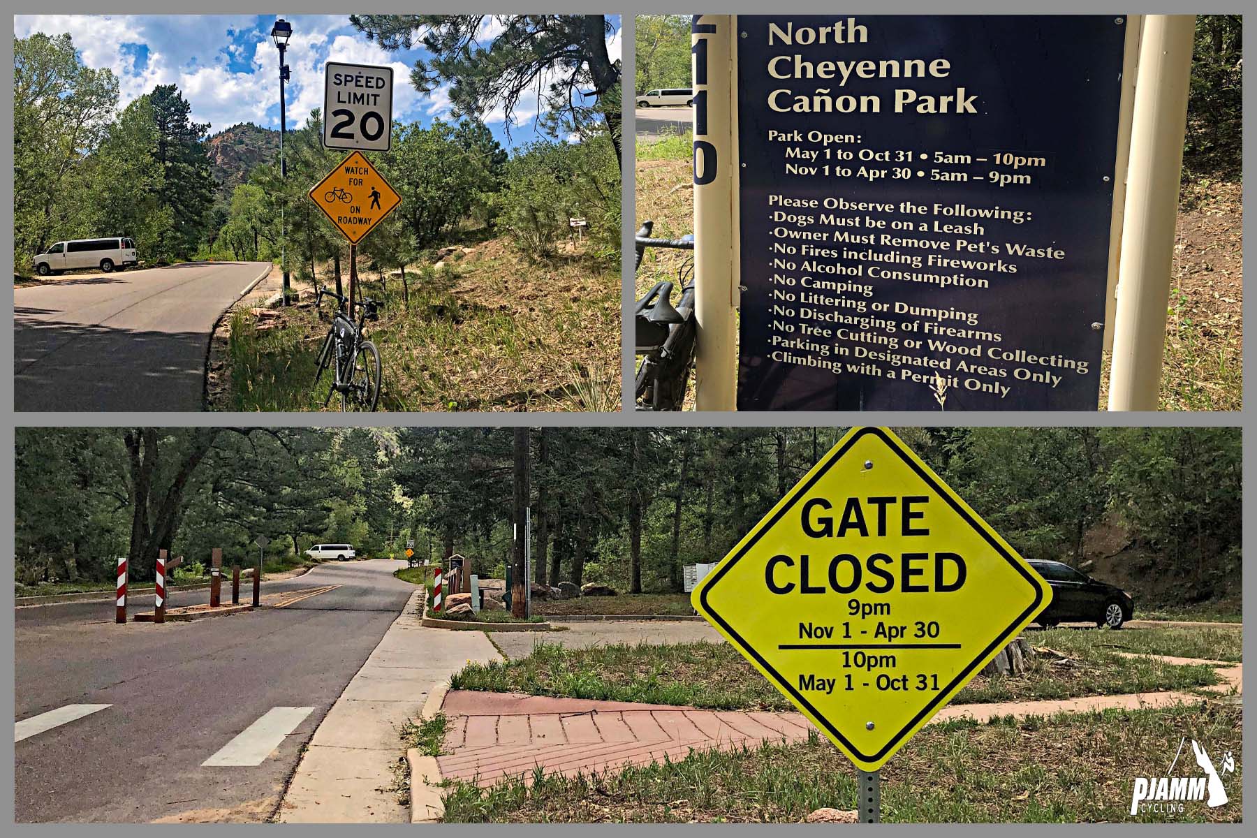 Cycling North Cheyenne Cañon, Colorado Springs - photo collage, PJAMM Cycling logo in corner, informational signs at North Cheyenne Cañon Park