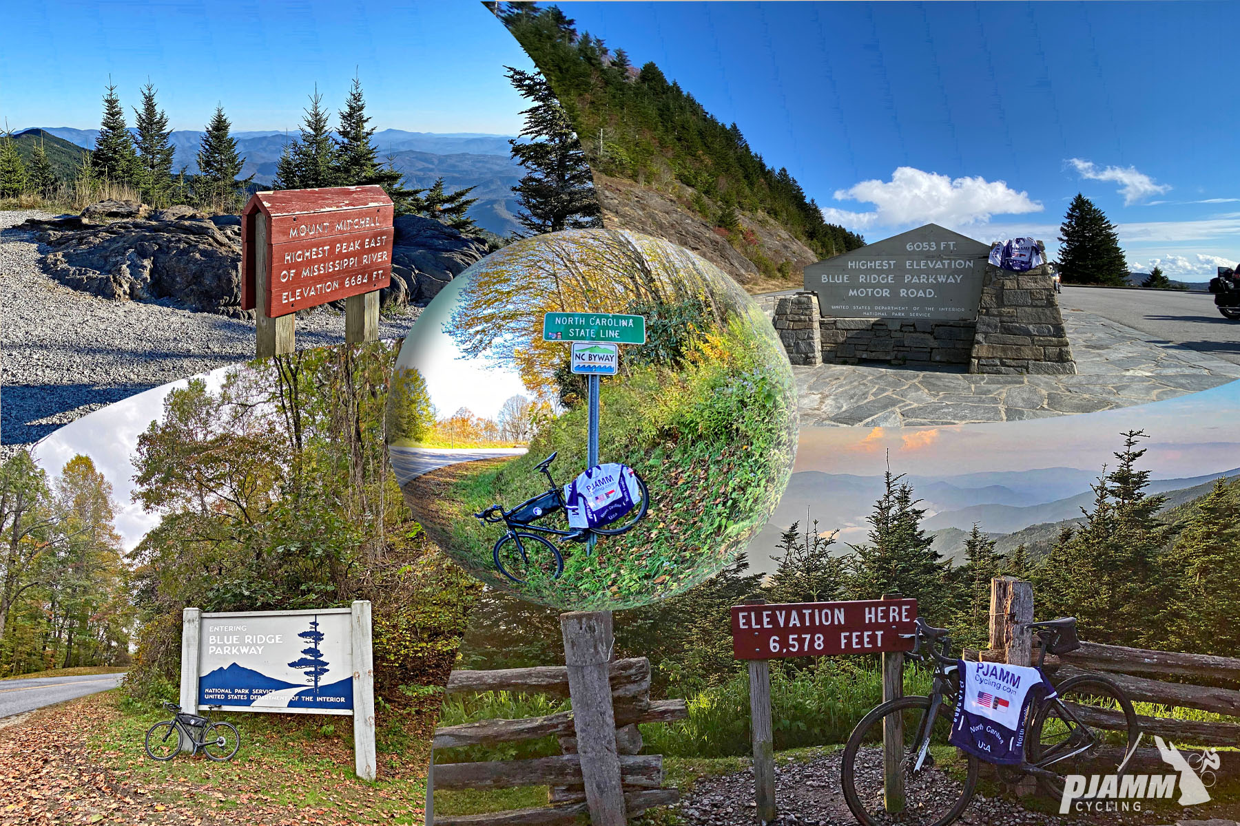North Carolina Top Bike Climbs - photo collage, signs for Blue Ridge Parkway, highest elevation in North Carolina, elevation signs
