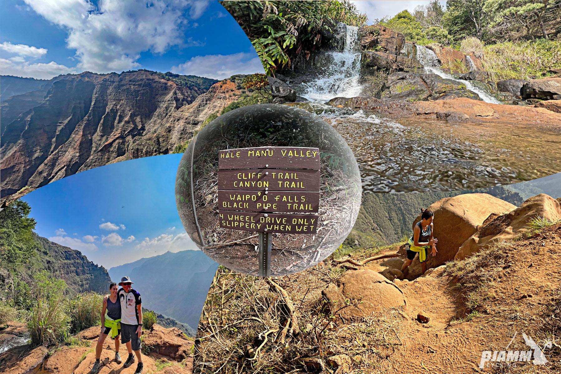 photo collage shows sights on Canyon Trail to Waipo’o Falls hike