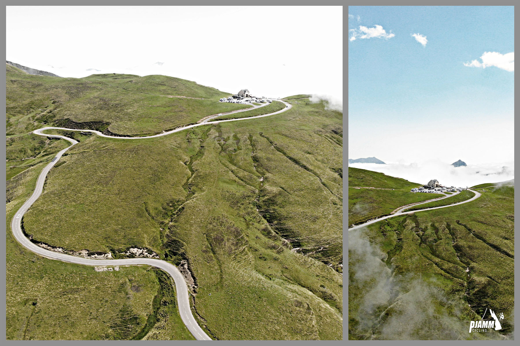 aerial drone views of the final kilometer to the col sign at the top, roadway snaking through hairpin turns to the top of the climb
