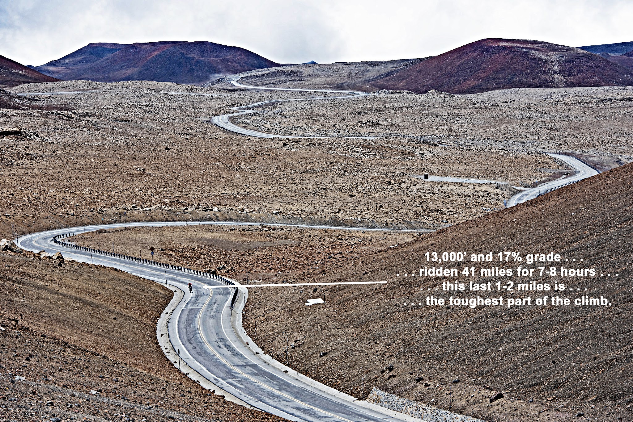 Cycling Mauna Kea - view of clouds, road and volcano near top