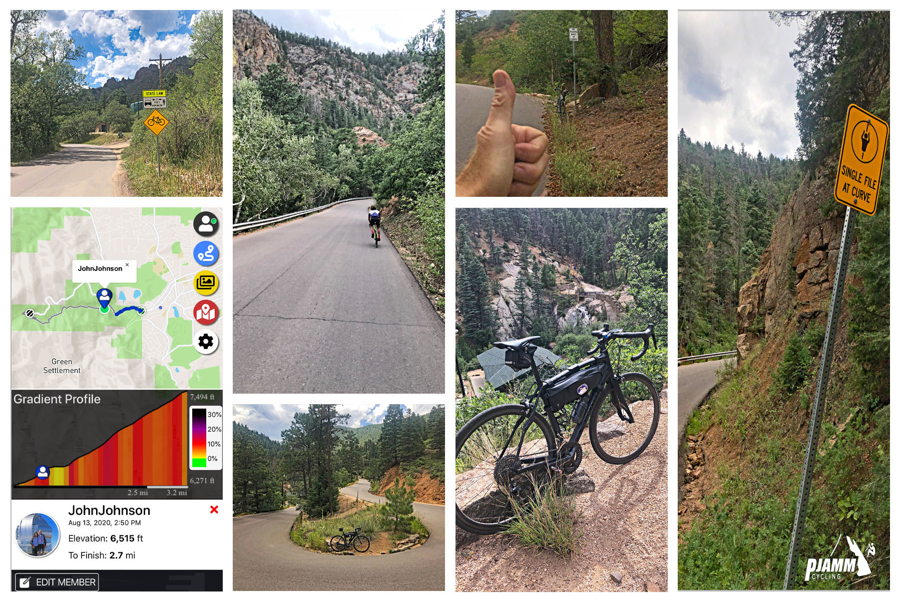 Cycling North Cheyenne Cañon, Colorado Springs - views along climb of North Cheyenne Cañon, photo collage, PJAMM Cycling logo in corner, climb map and gradient profile, thumbs up