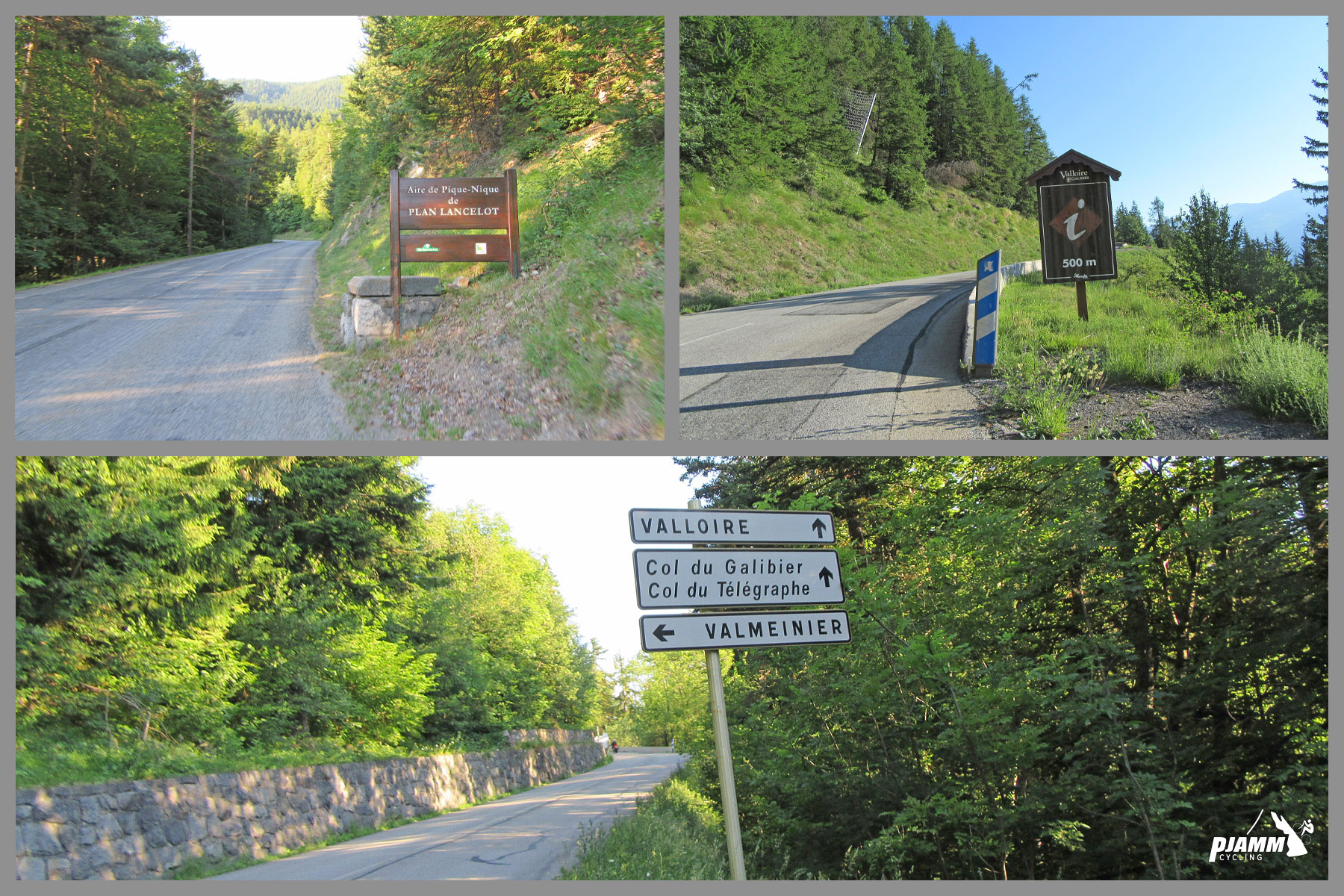 Cycling Col du Télégraphe - photo collage shows street signs along the climb, one-lane roadway surrounded by greenery