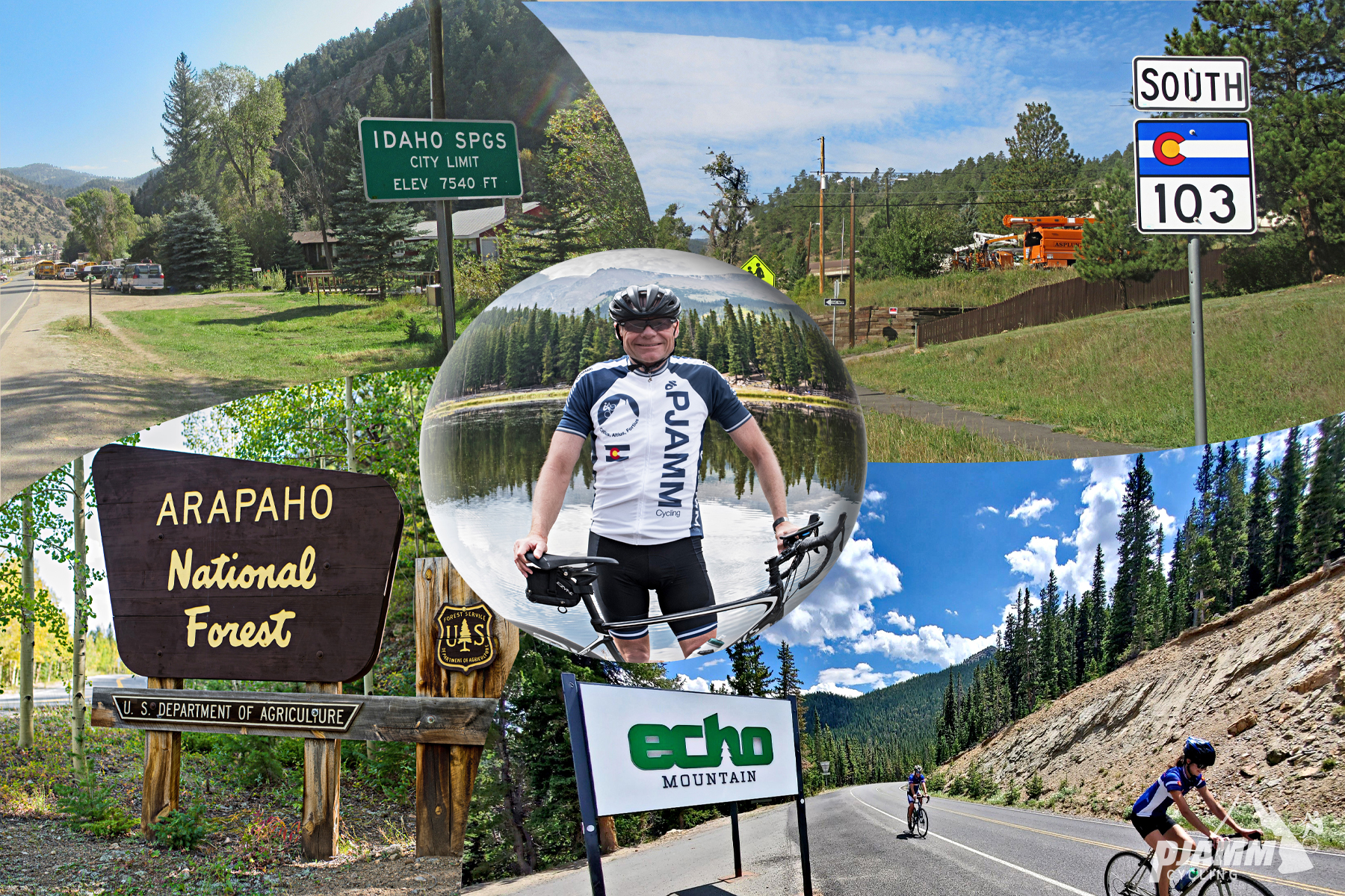 Cycling Juniper Pass West - photo collage, PJAMM Cycling logo in corner, sign for Idaho Springs and Colorado Highway 103 South, cyclists climbing up hillside next to sign for Echo Mountain, sign for Arapaho National Forest, John Johnson wearing PJAMM Cycling jersey standing with bike in front of Echo lake
