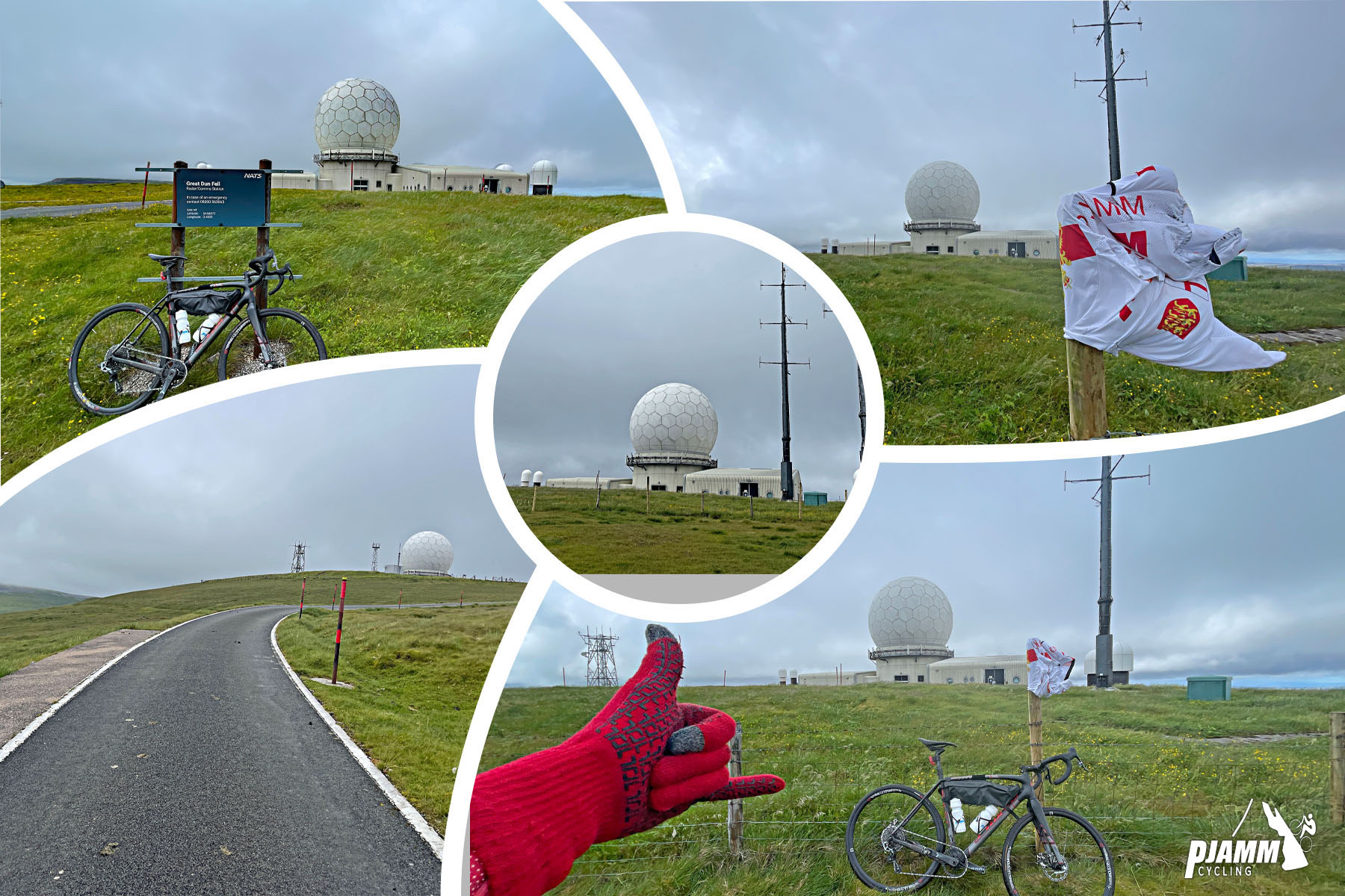 photo collage shows multiple views of large white radar dome