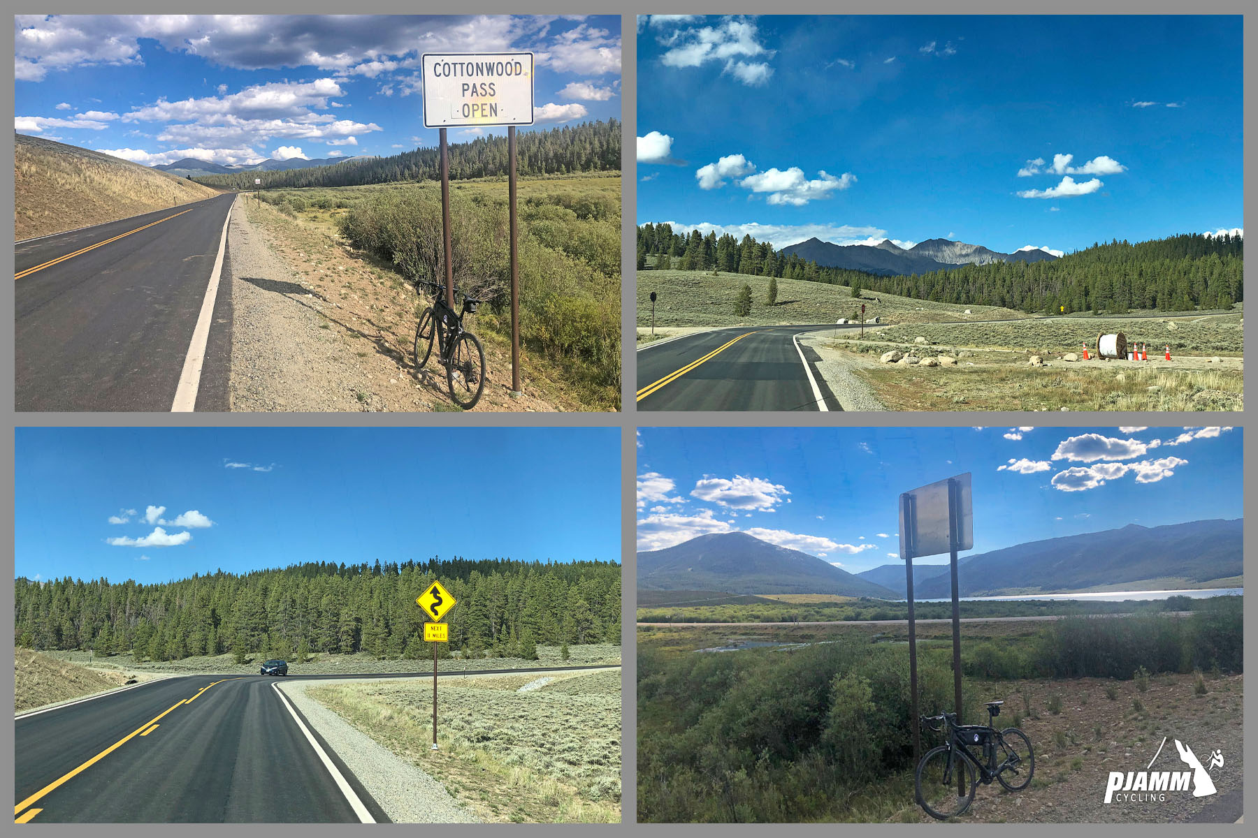 Cycling Cottonwood Pass, Taylor Camp, Colorado - photo collage, PJAMM Cycling logo in corner, bike parked along roadside against sign reading "Cottonwood Pass Open", stretch of newly paved two-lane highway next to road sign for winding road coming up, bright blue skies