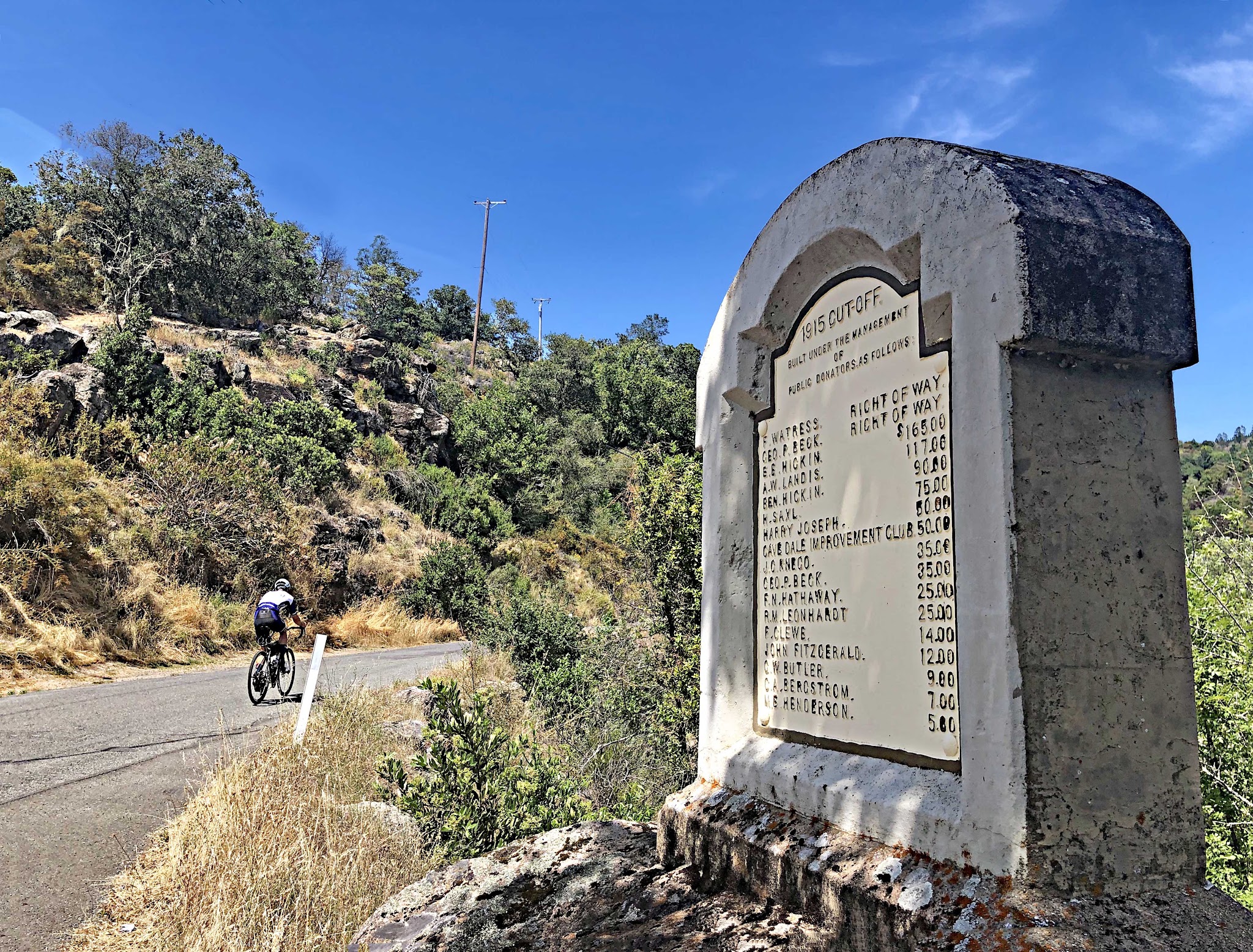 Bike climb Cavedale Road - cyclist riding past roadway monument