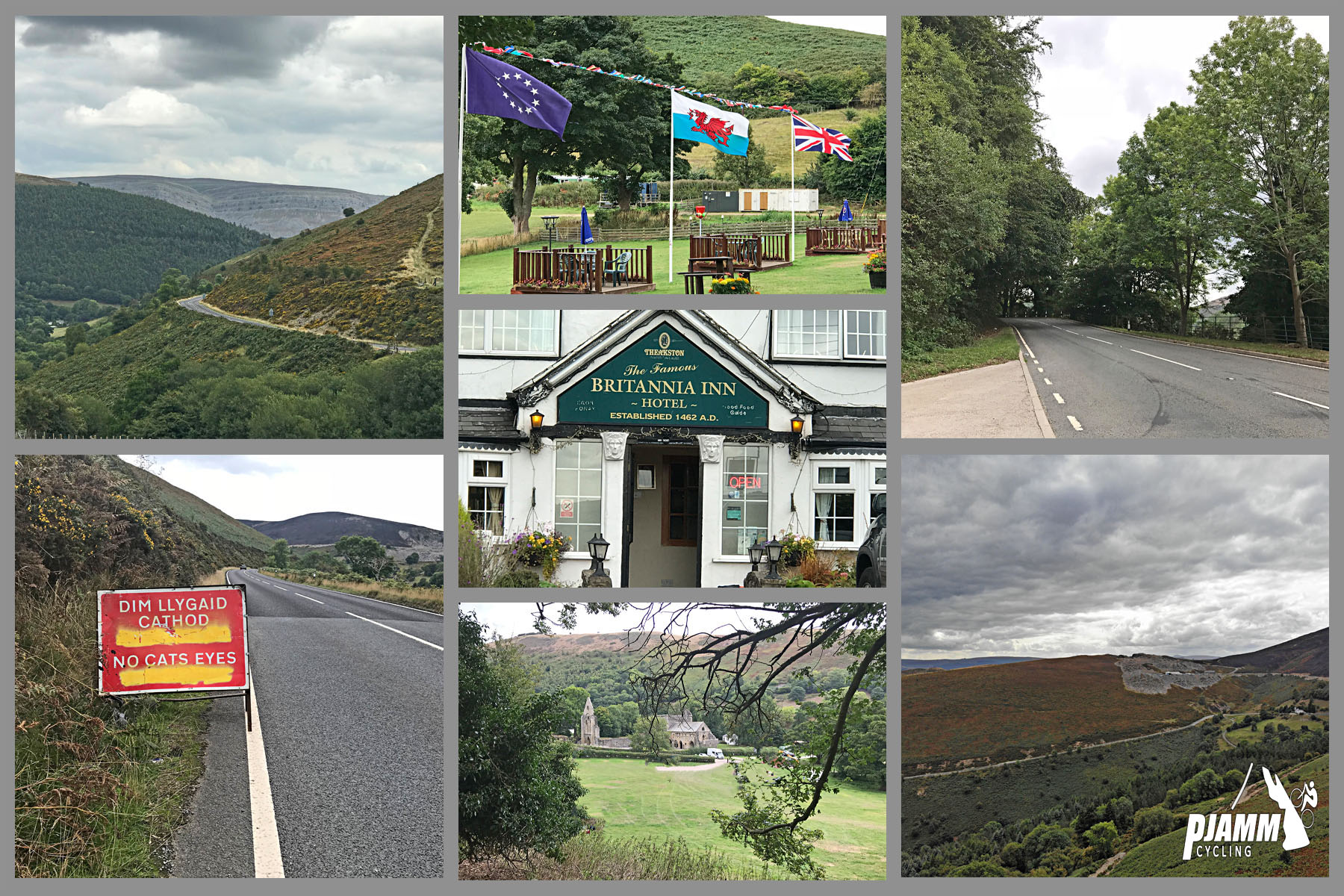 Climbing Horseshoe Pass by bike - photo collage, distant view of road carved along green hillside, three flags for Britain, two-lane tree-lined road, red sign on side of road reading "No Cats Eyes", sign for Britannia inn, PJAMM Cycling logo