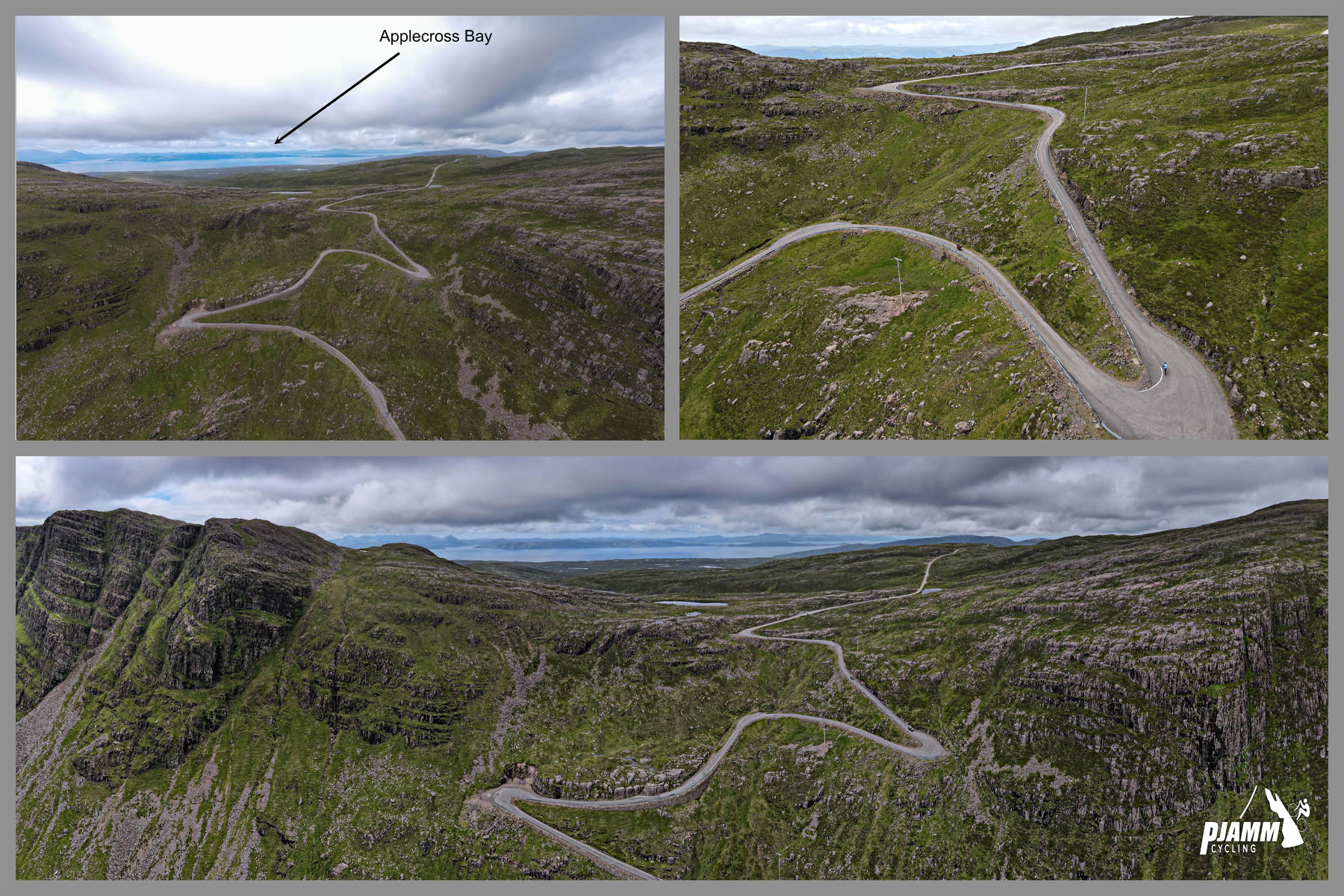 photo collage shows serpentine roadway and hairpin turns leading up the finish of the mountain