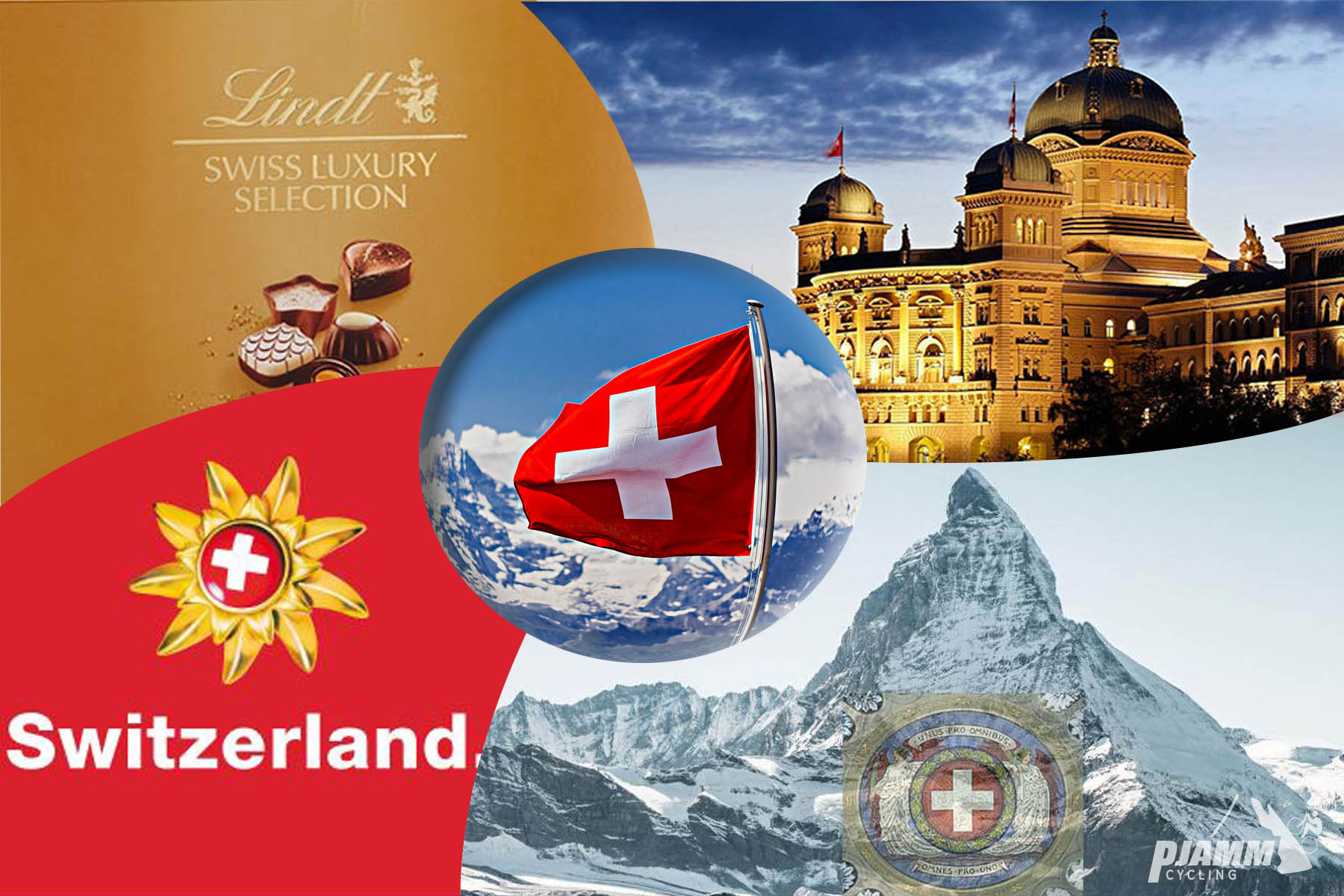 Cycling Switzerland - Top Bike Climbs - photo collage, Swiss Flag, Lindt truffles, Swiss Flag, Jungfrau