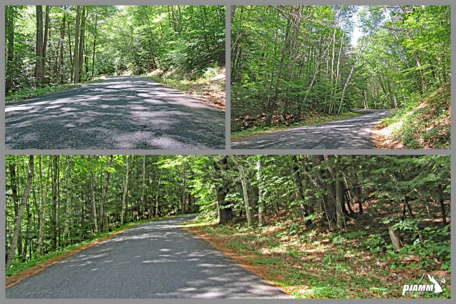 Cycling Mt. Ascutney, Vermont - photo collage, PJAMM Cycling logo in corner, densely forested one-lane roadway
