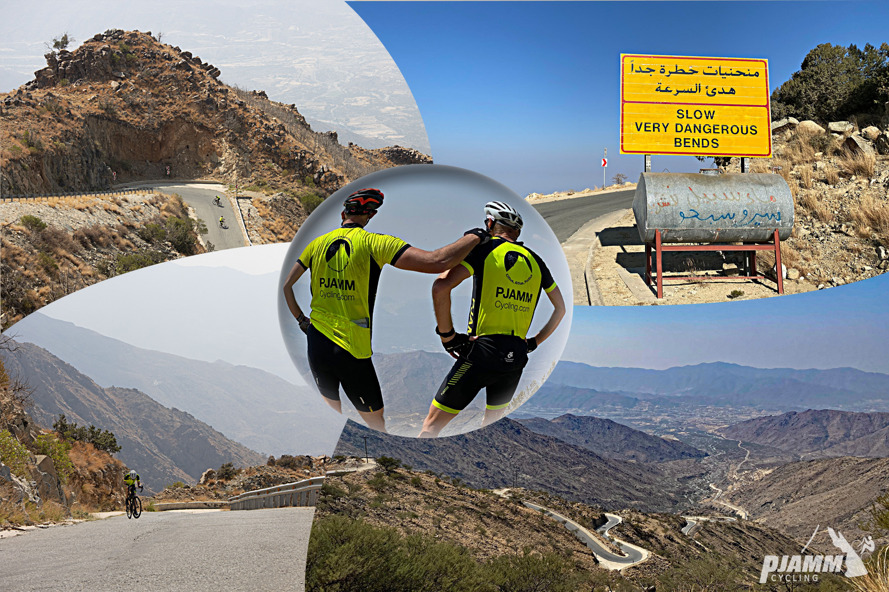 Cycling Baniamr Aquabah Pass, Saudi Arabia - photo collage, yellow road sign reads "Slow Very Dangerous Bends," two PJAMM Cyclist stand next to each other looking down over mountainside, view looking down shows road snaking up mountainside, PJAMM Cycling logo in corner