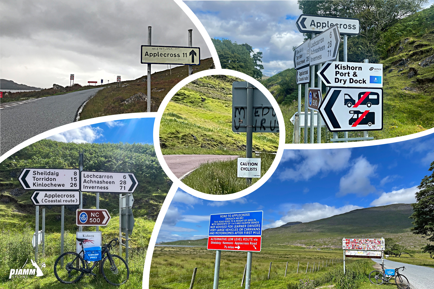 photo collage shows flat section of the climb past River Kishorn; many street signs for Applecross, Lochcarron, Inverness, and more