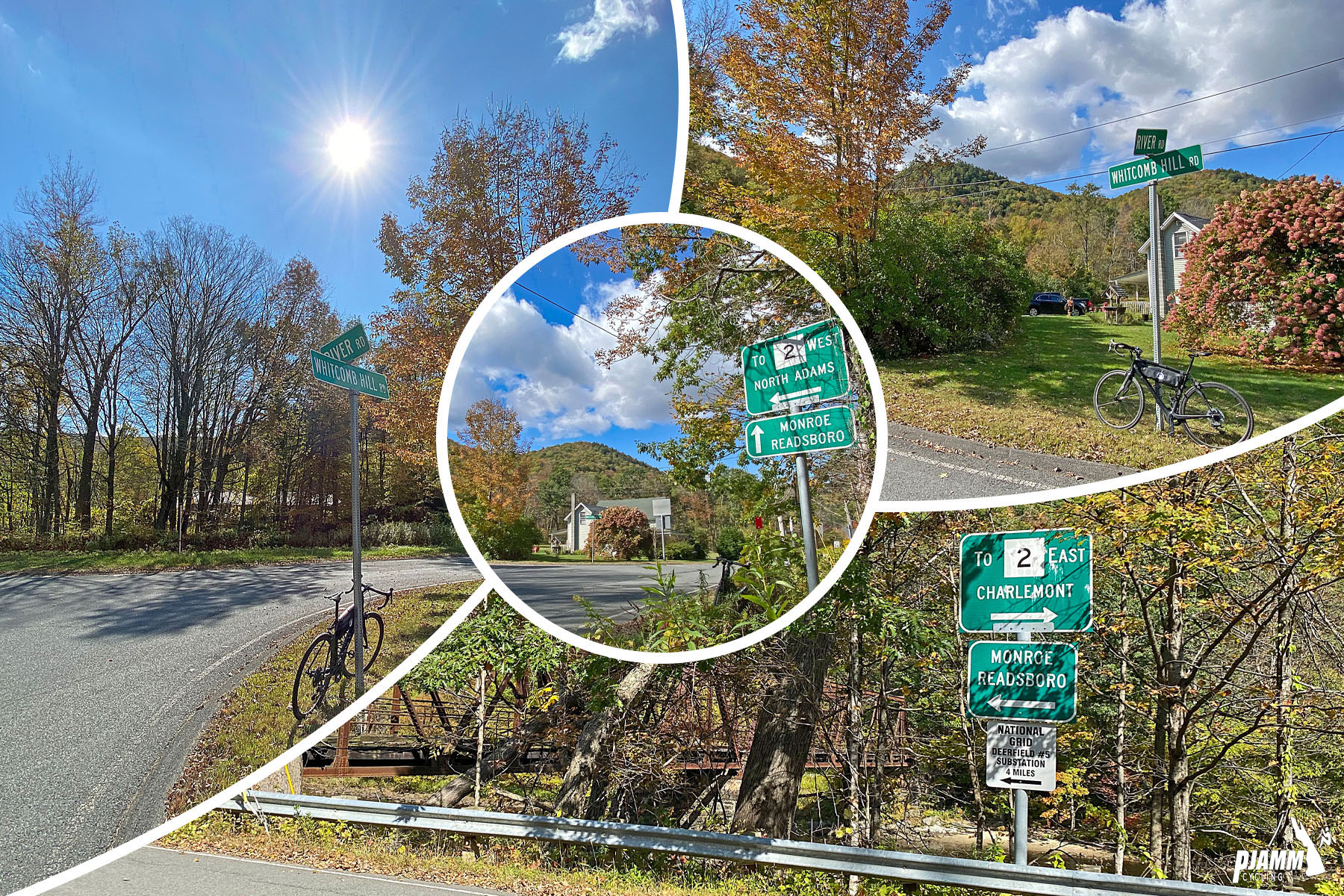 Cycling Whitcomb Hill Road, Massachusetts - climb start, intersection of Whitcomb Hill Road and River Road, PJAMM Cycling logo