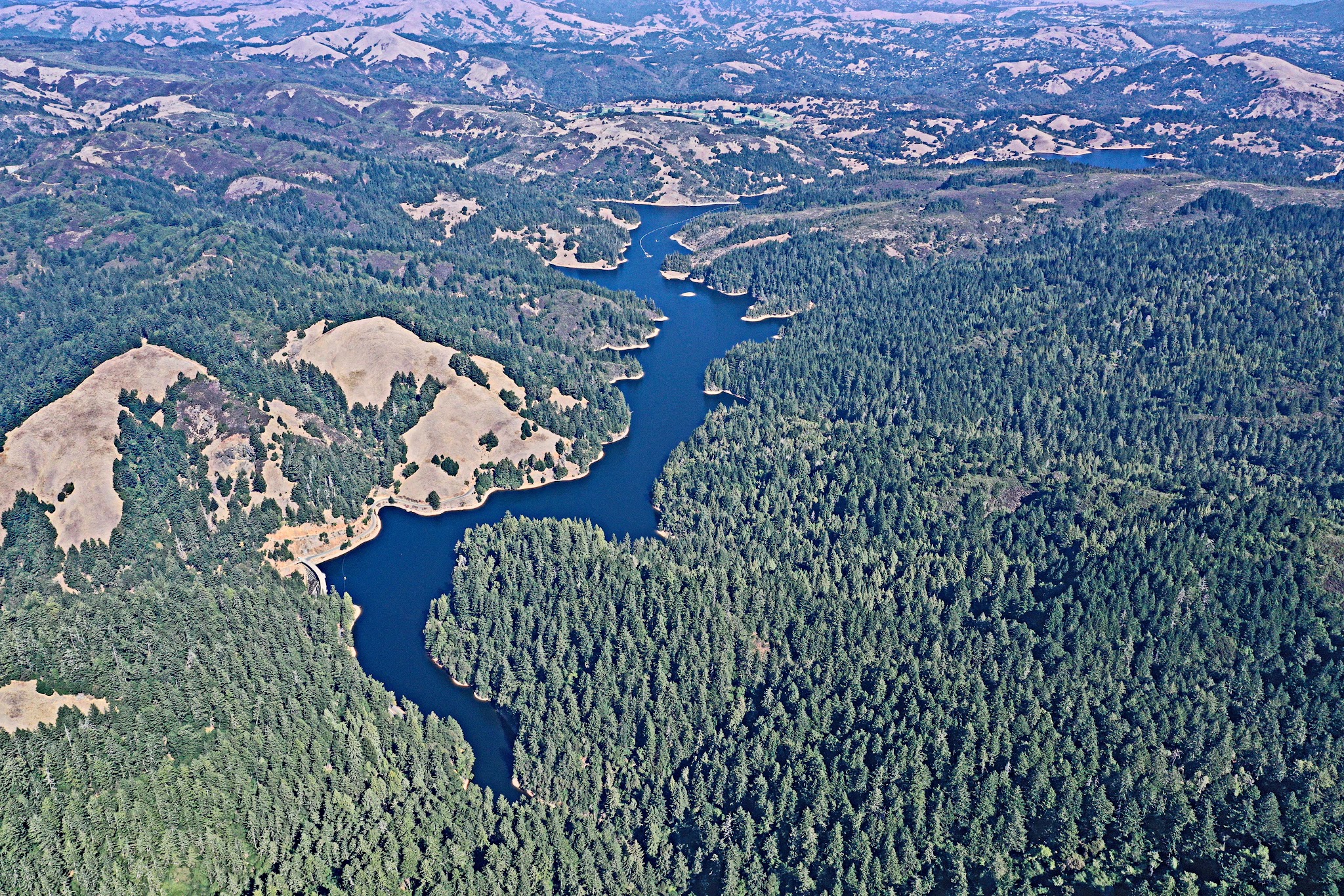 Mt. Tamalpais from Alpine Dam Bike ride Mt. Tamalpais from Alpine Dam - aerial drone photo of ridgeline and Alpine Lake