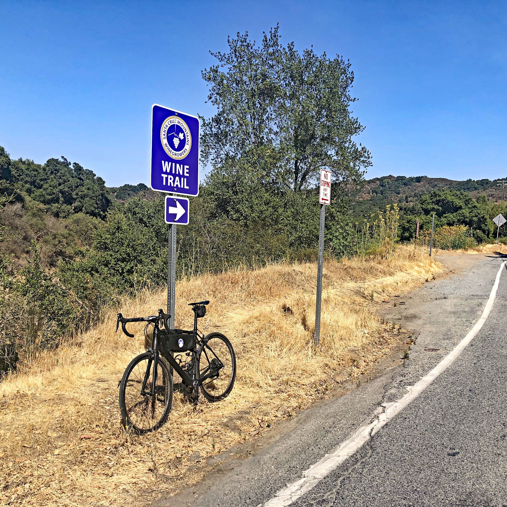 Cycling Montebello, Santa Cruz Mountains, California - bike parked against sign on side of roadway for Wine Trail