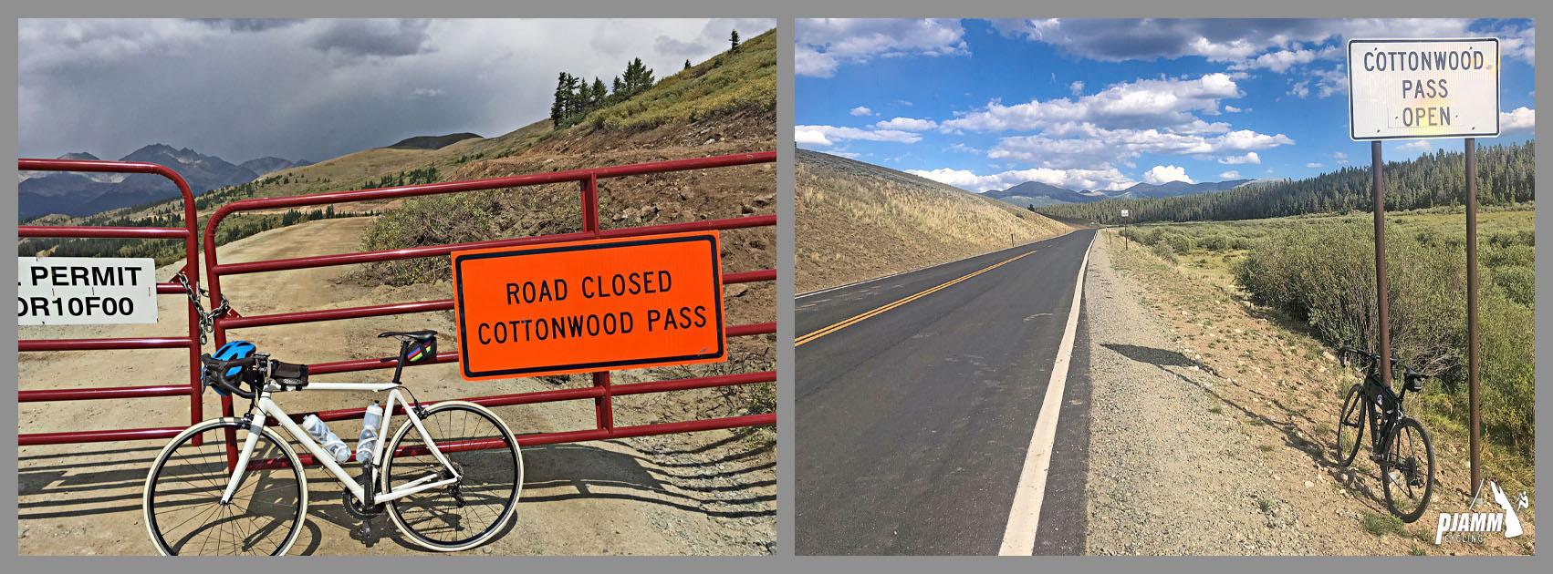 Cycling Cottonwood Pass, Tayler Camp, Colorado - photo collage, PJAMM Cycling logo in corner, before and after photos of the road at Cottonwood Pass, left photo is pre-pavement, bike parked at red gate in front of Road Closed sign, right photo is the newly paved two-lane freeway