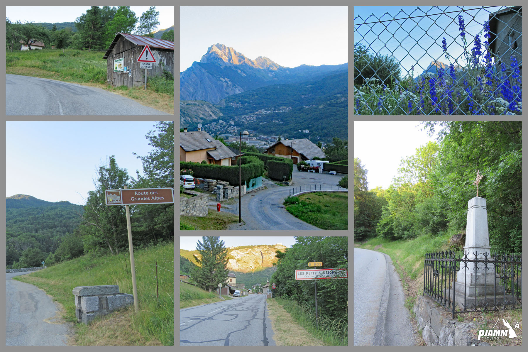 Cycling Col du Télégraphe - photo collage shows pastoral country scenes on first few KM of climb.