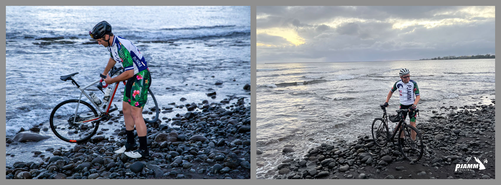 two PJAMM Cyclists dip their bike wheels in the Pacific, just across the street from climb's start