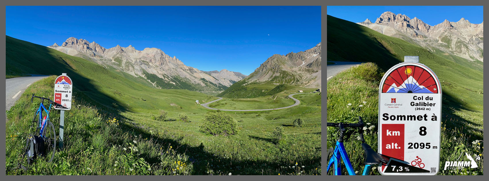 view looking back toward Col du Lautaret partway up Col du Galibier; bike parked next to signs for Sommet of Col du Galibier